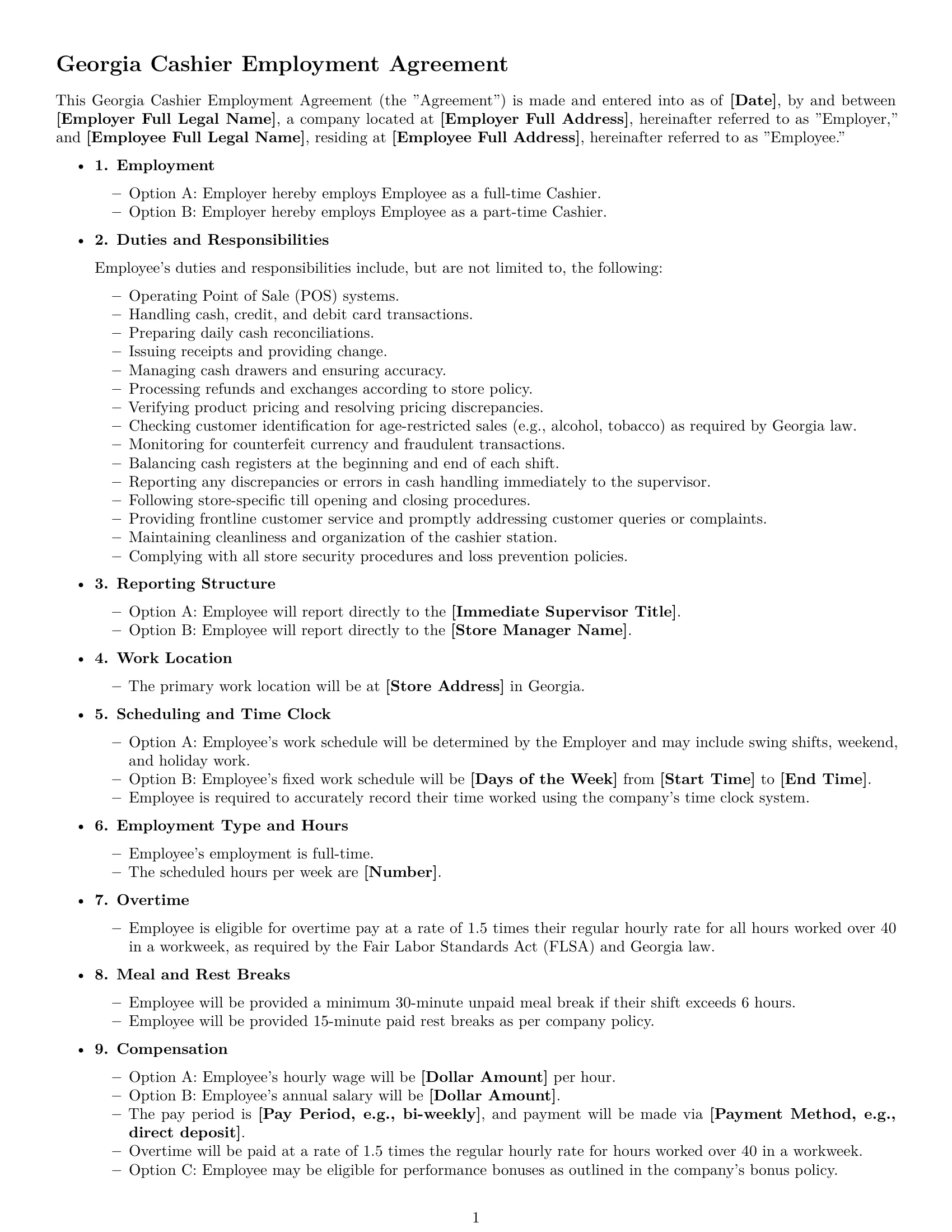 Preview page 1 of Free Georgia cashier employment contract template