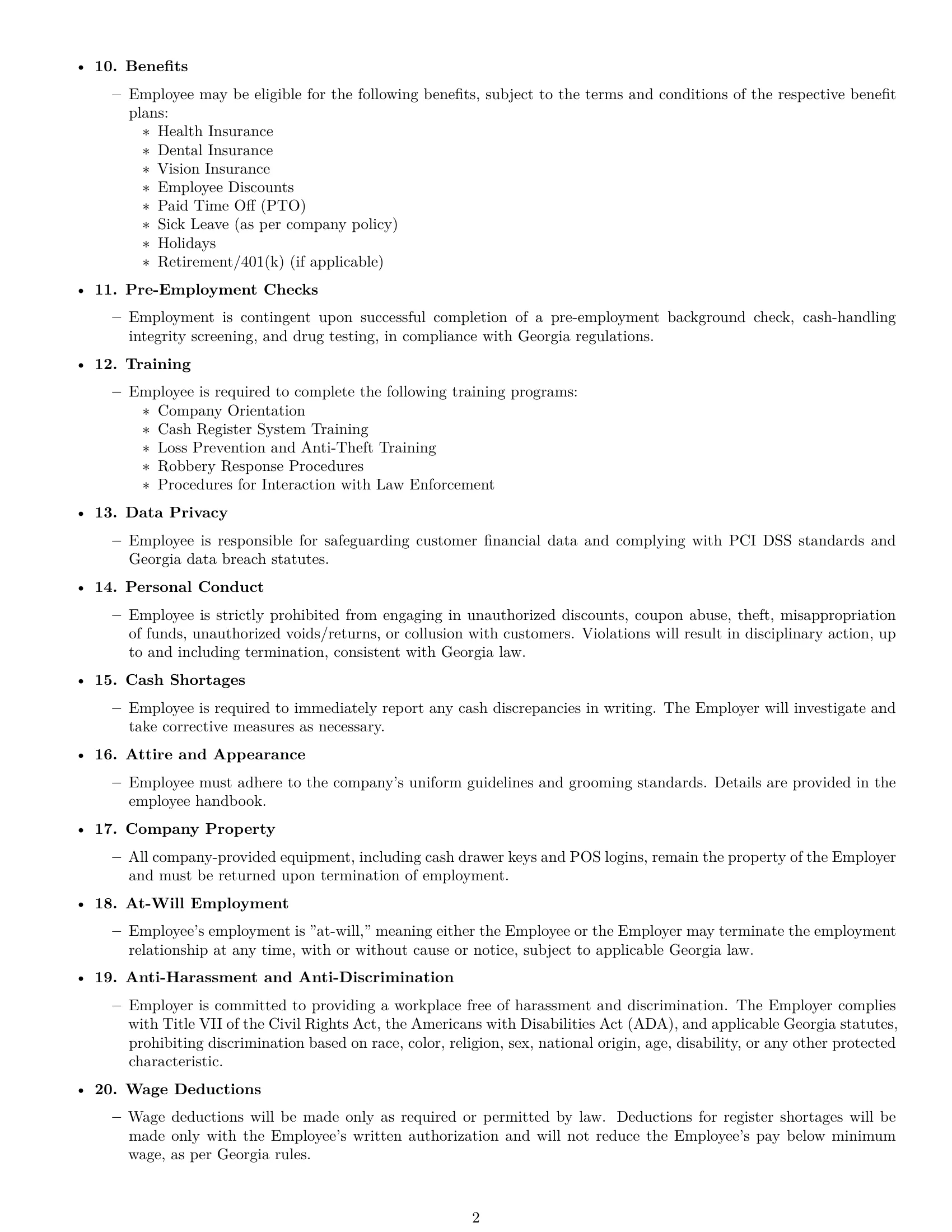 Preview page 2 of Free Georgia cashier employment contract template