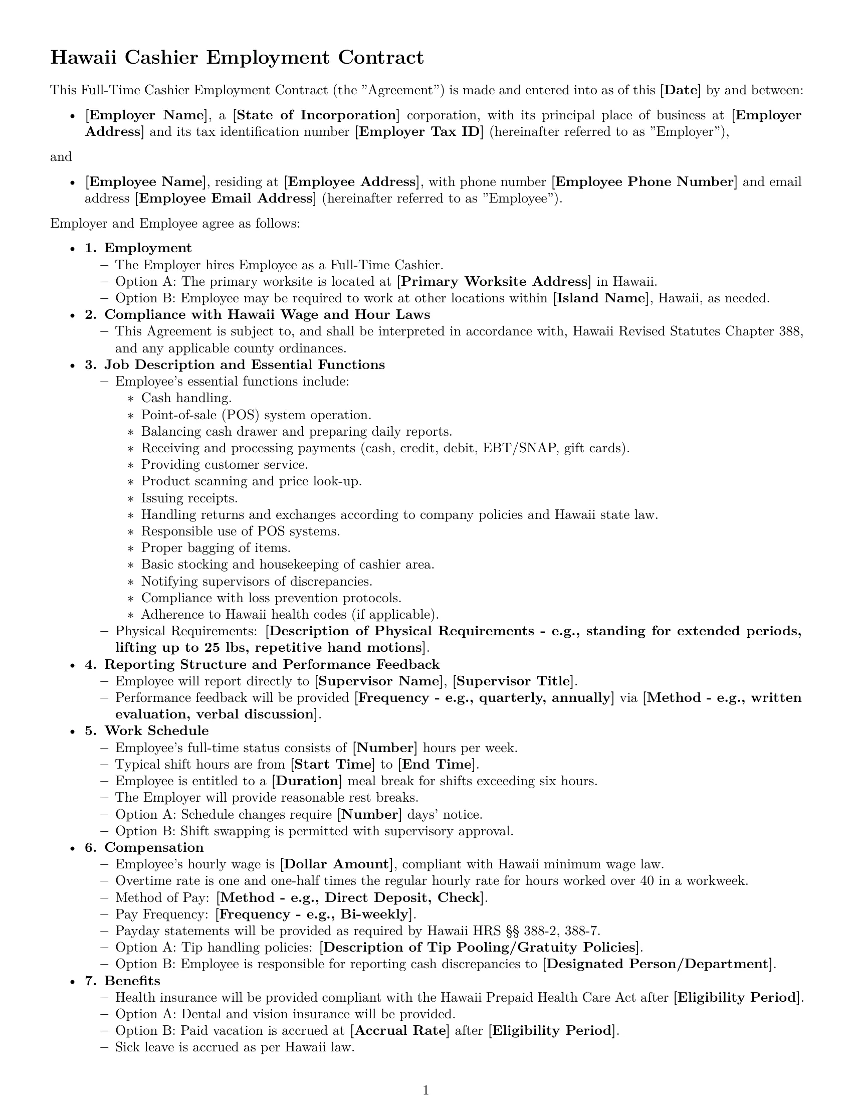 Preview page 1 of Free Hawaii cashier employment contract template