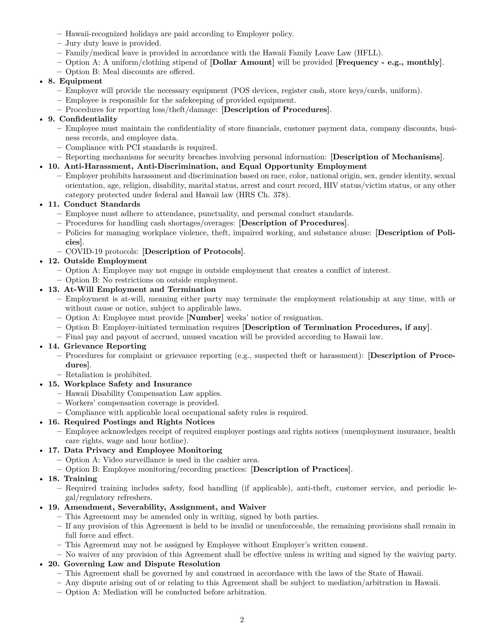 Preview page 2 of Free Hawaii cashier employment contract template