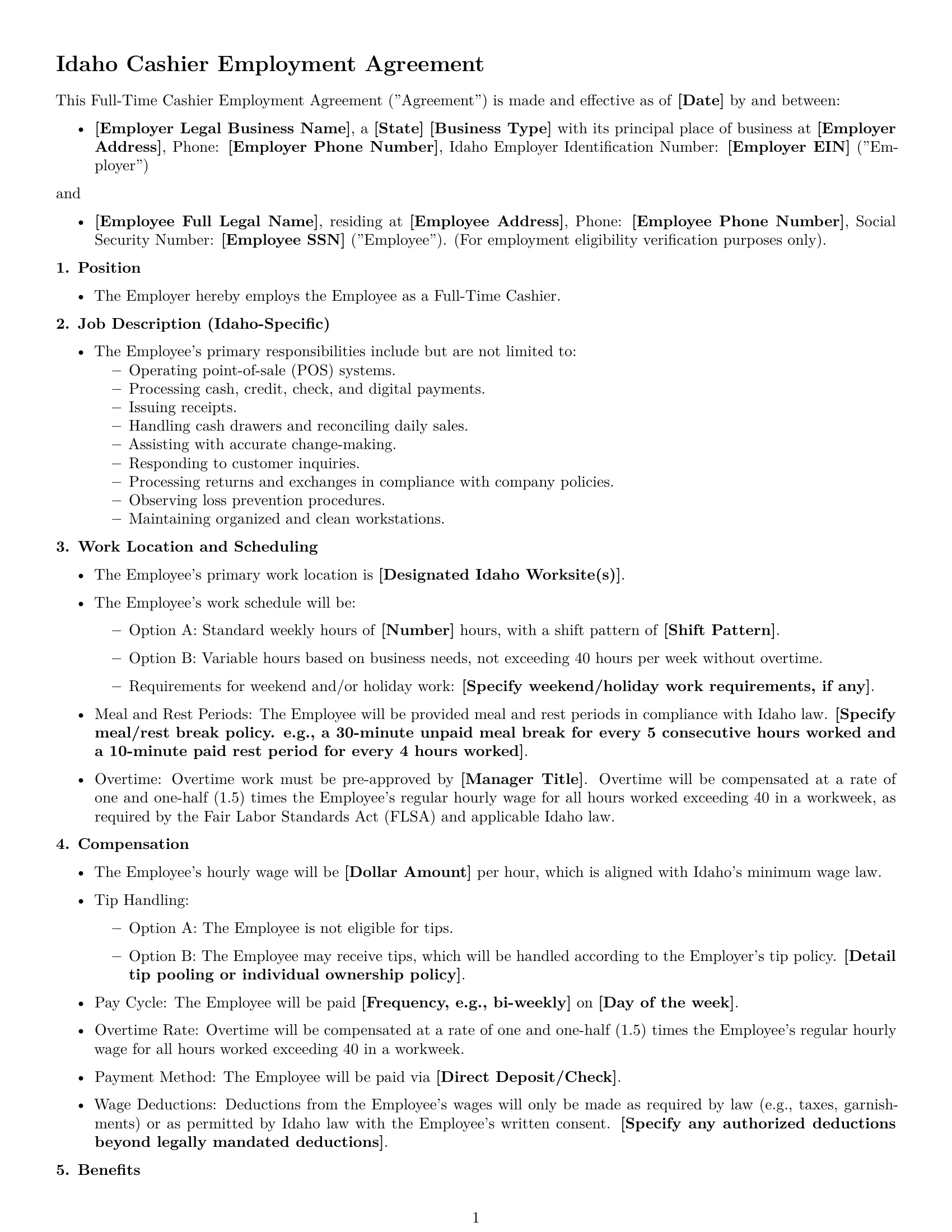 Preview page 1 of Free Idaho cashier employment contract template