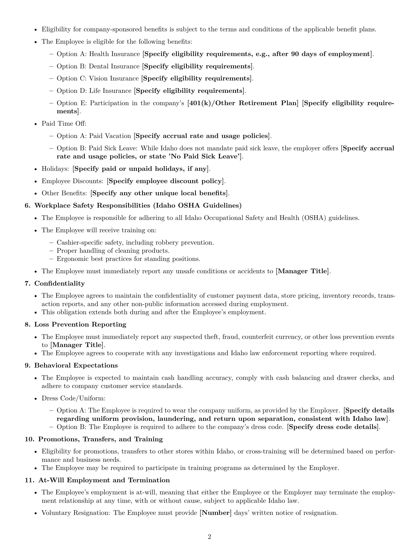 Preview page 2 of Free Idaho cashier employment contract template
