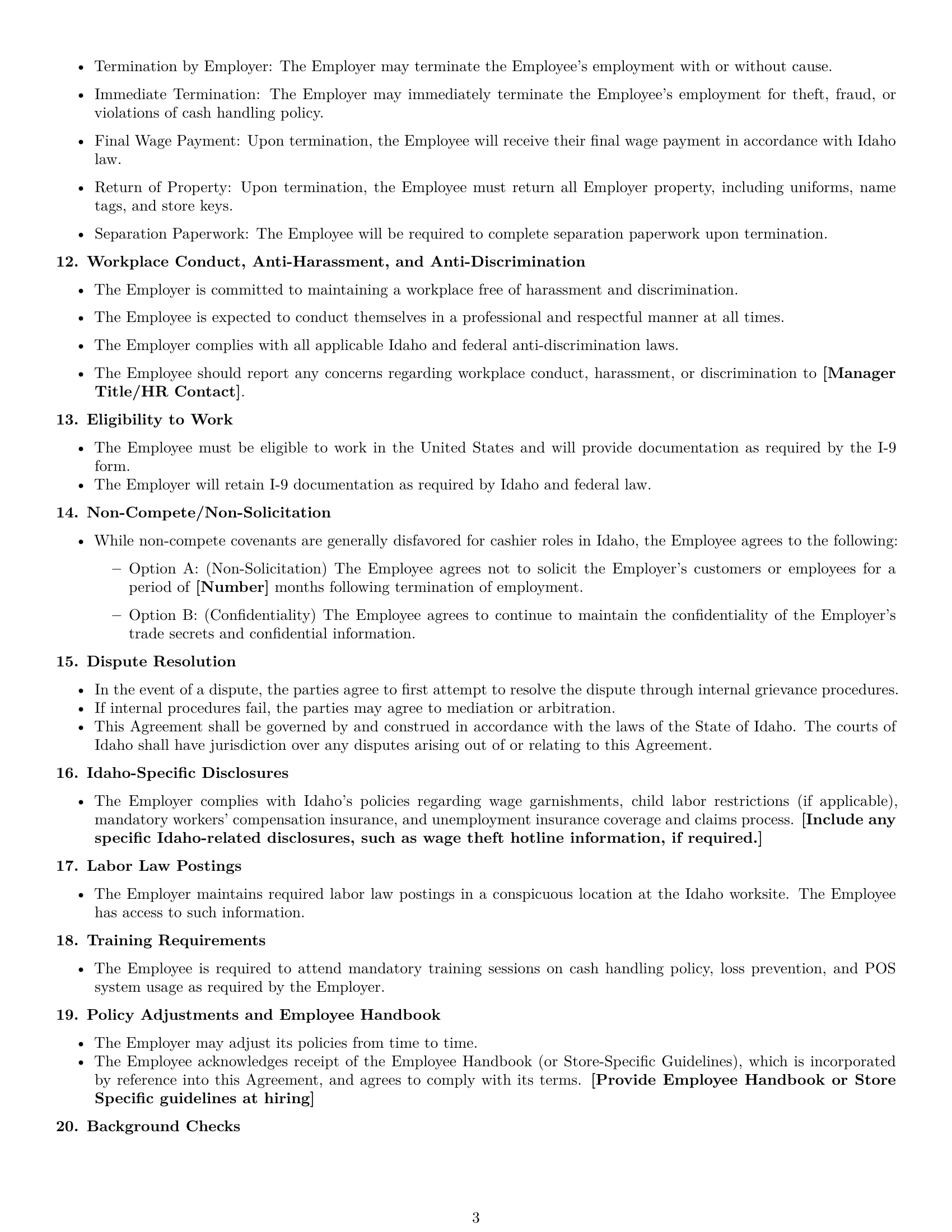 Preview page 3 of Free Idaho cashier employment contract template