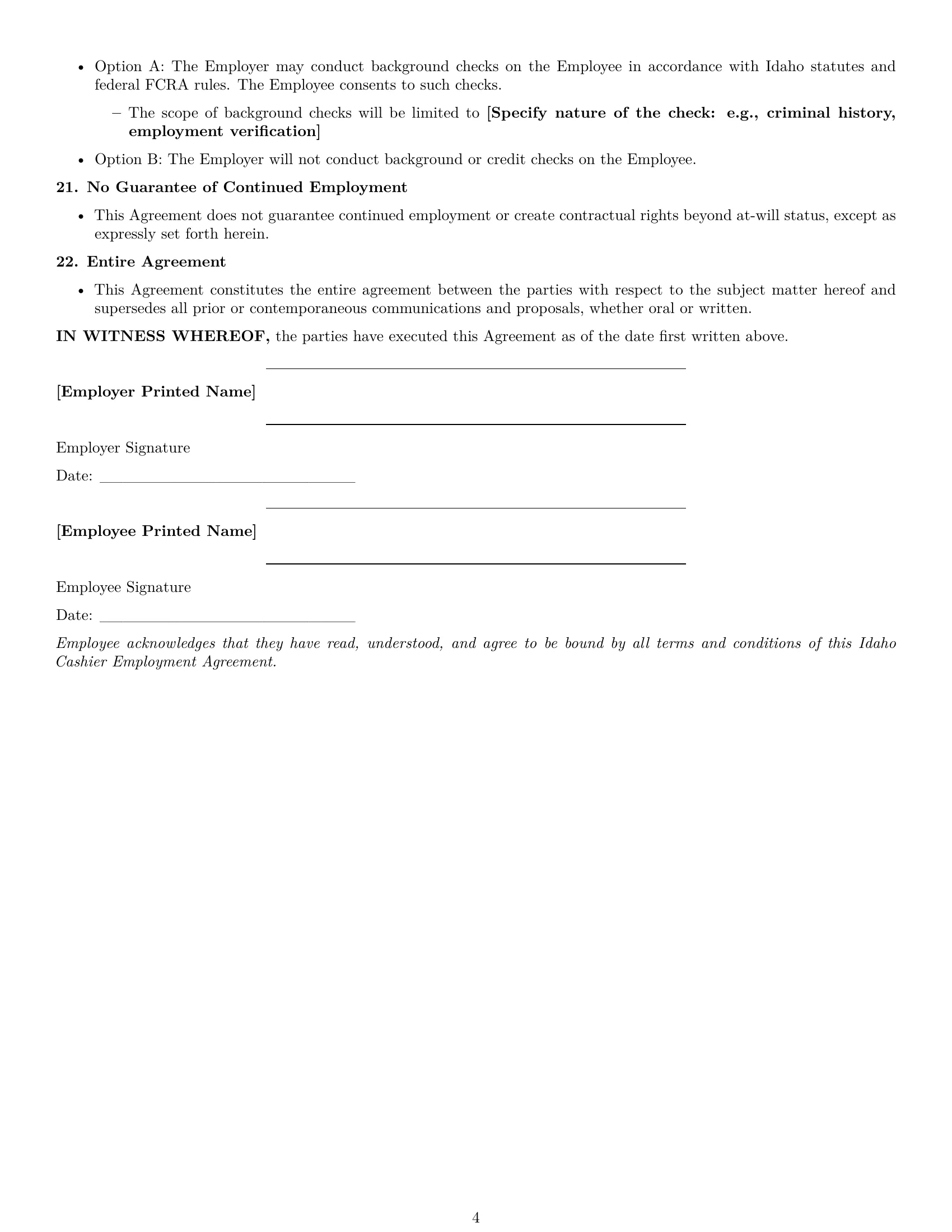 Preview page 4 of Free Idaho cashier employment contract template