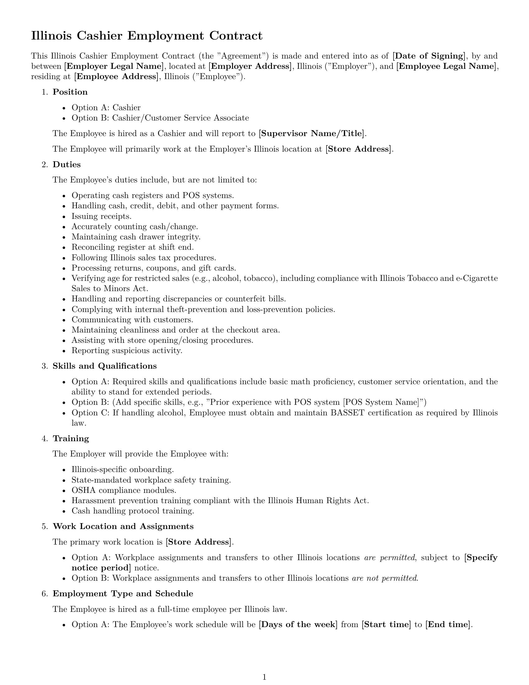 Preview page 1 of Free Illinois cashier employment contract template
