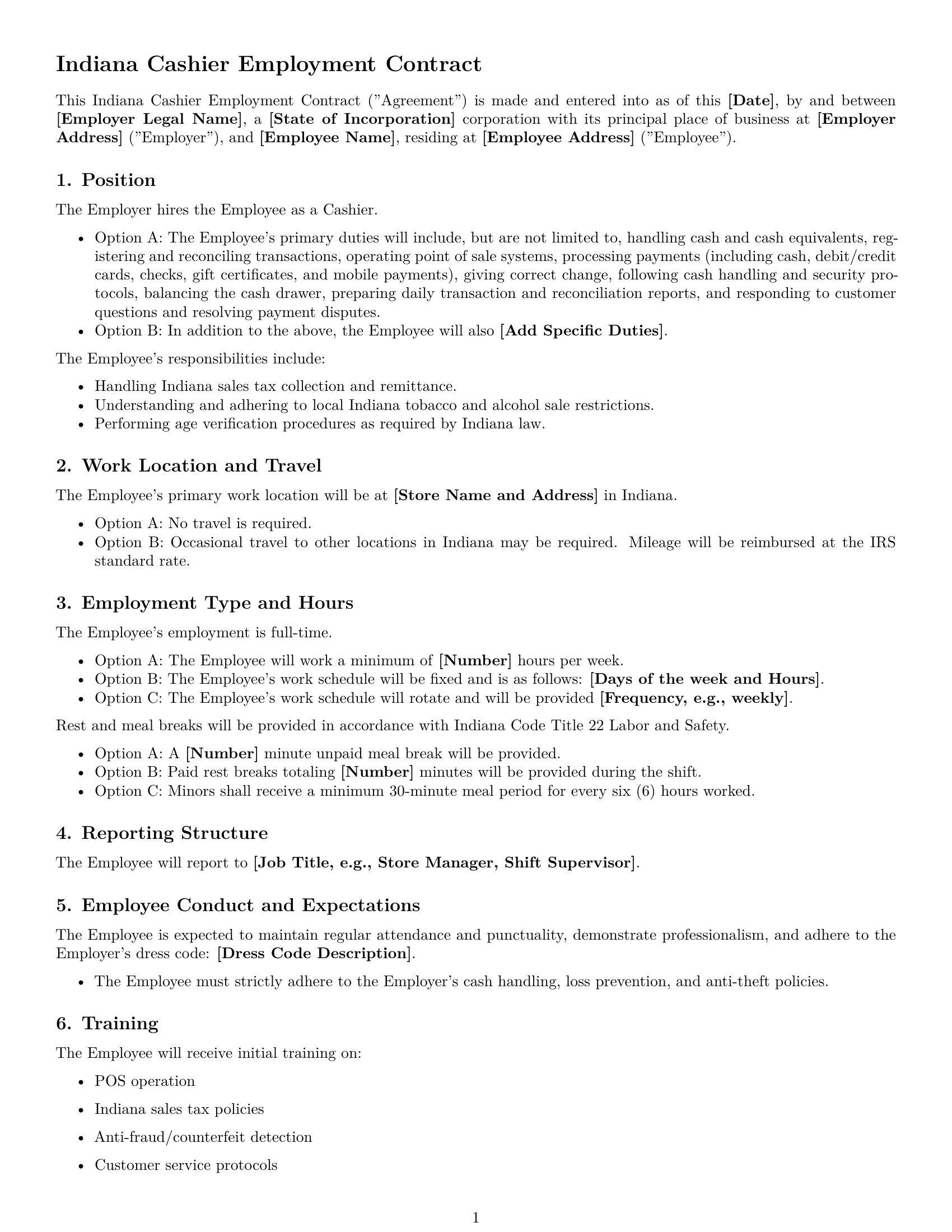 Preview page 1 of Free Indiana cashier employment contract template