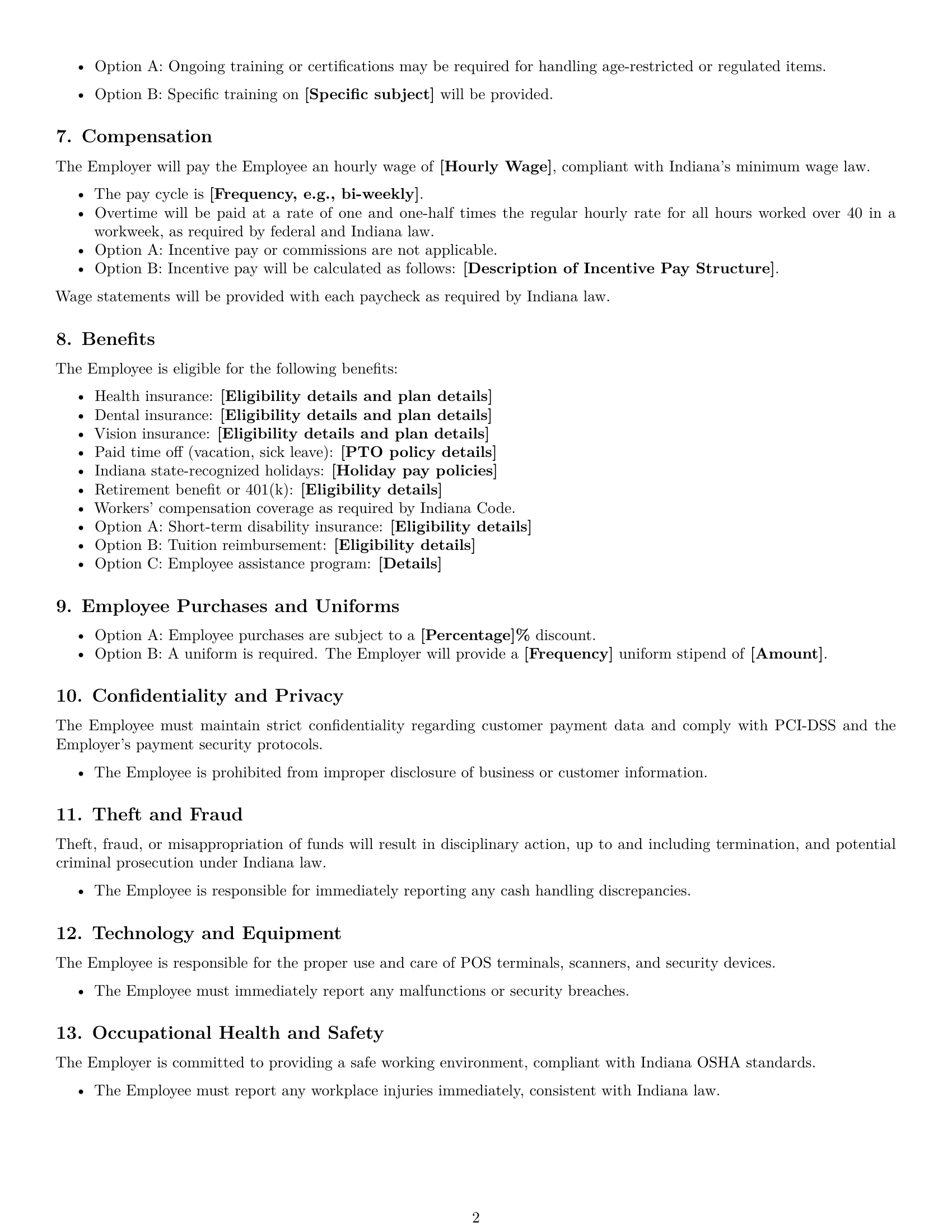 Preview page 2 of Free Indiana cashier employment contract template
