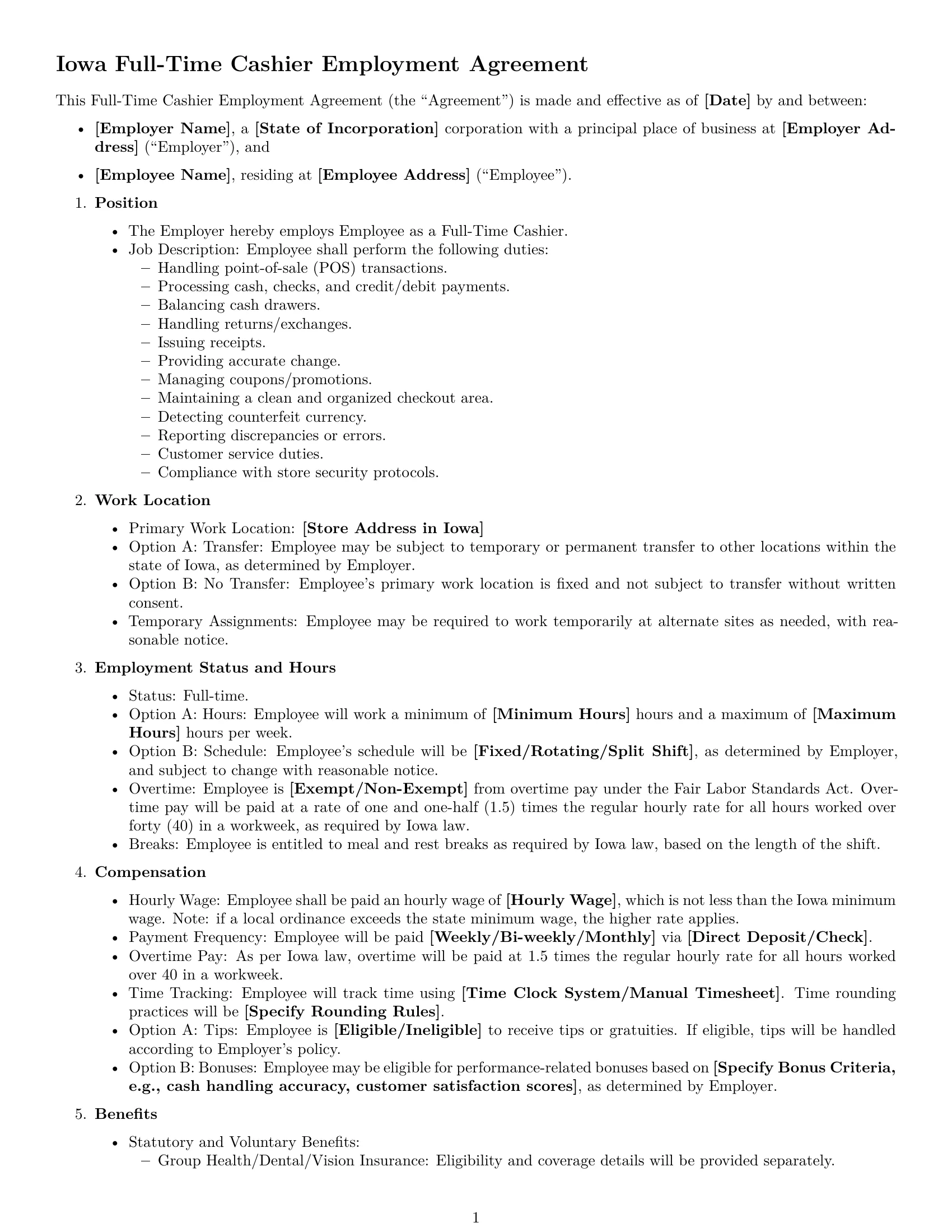 Preview page 1 of Free Iowa cashier employment contract template