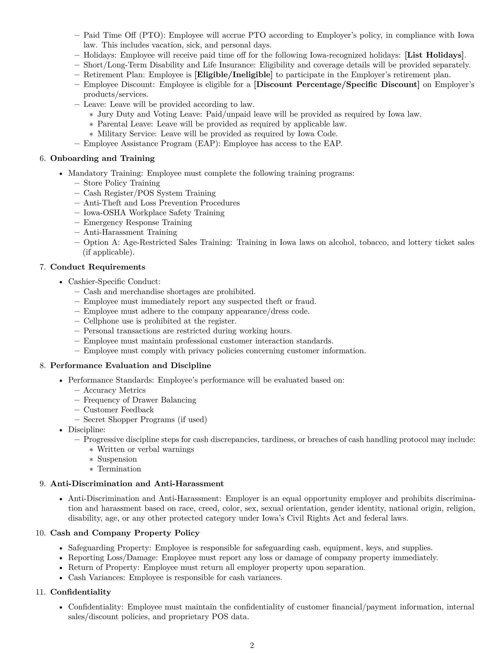 Preview page 2 of Free Iowa cashier employment contract template