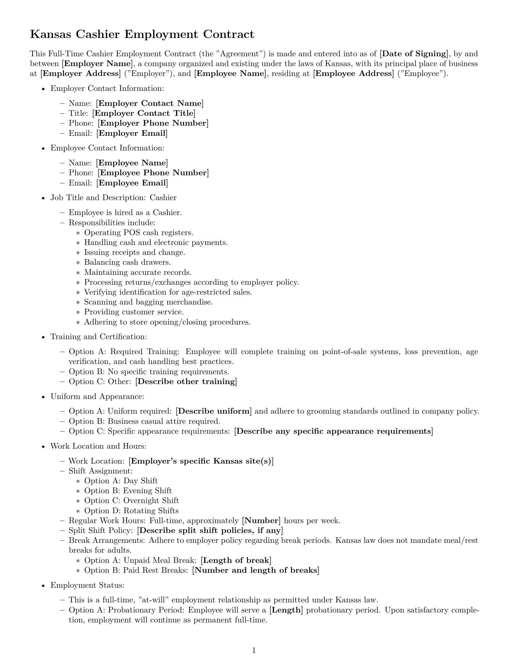 Preview page 1 of Free Kansas cashier employment contract template