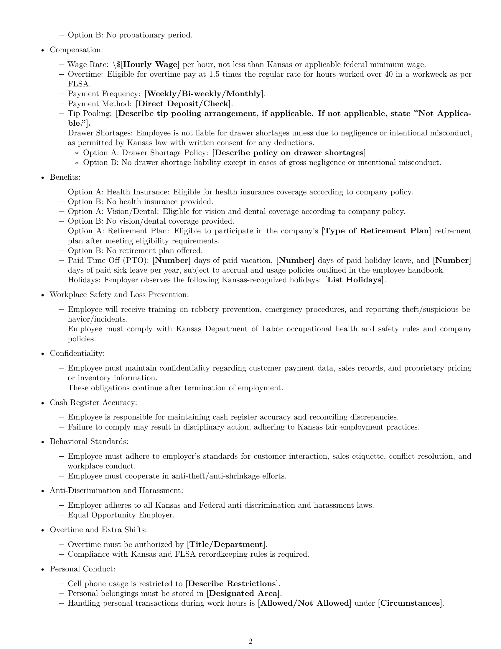 Preview page 2 of Free Kansas cashier employment contract template