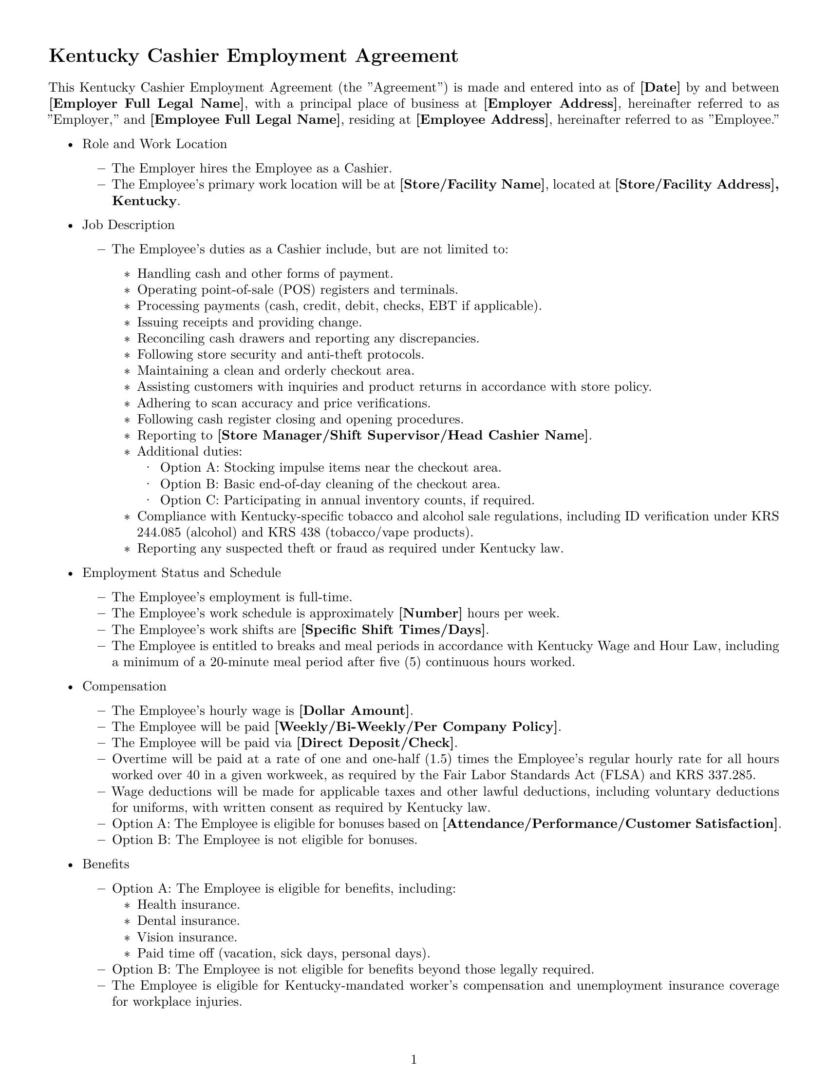 Preview page 1 of Free Kentucky cashier employment contract template