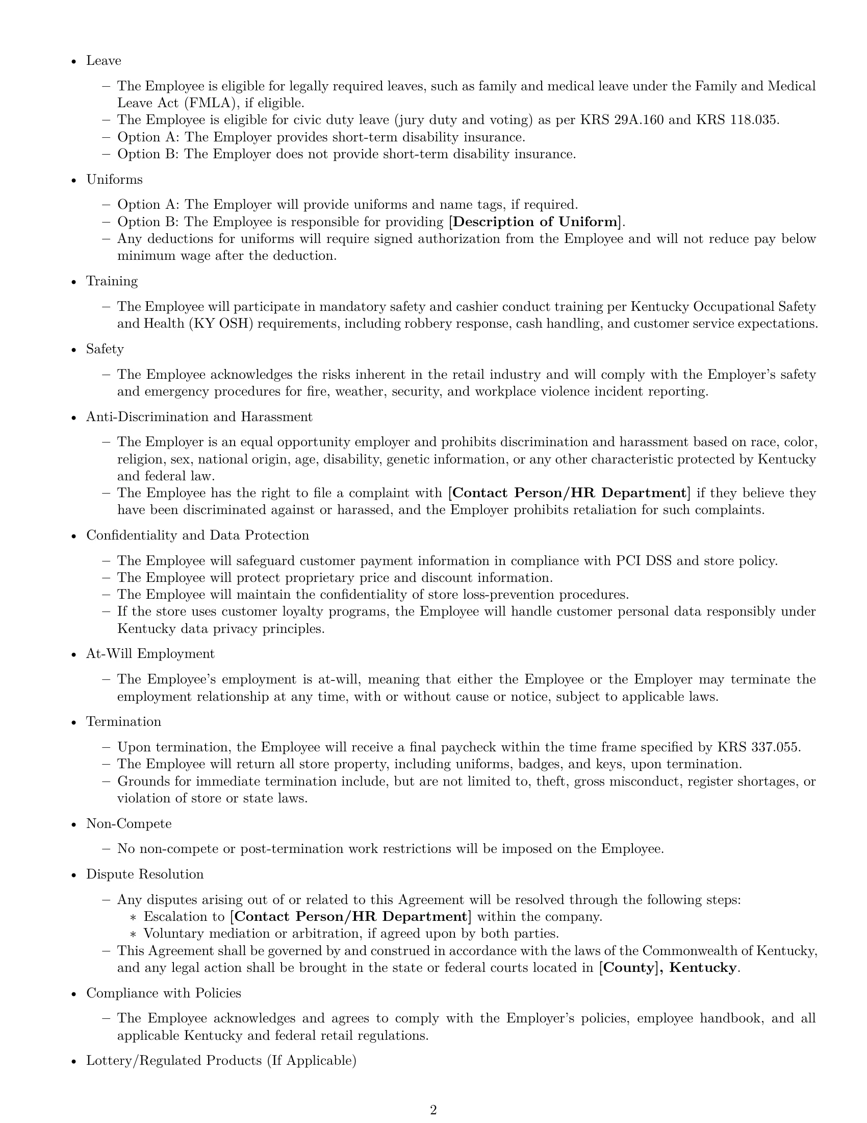 Preview page 2 of Free Kentucky cashier employment contract template