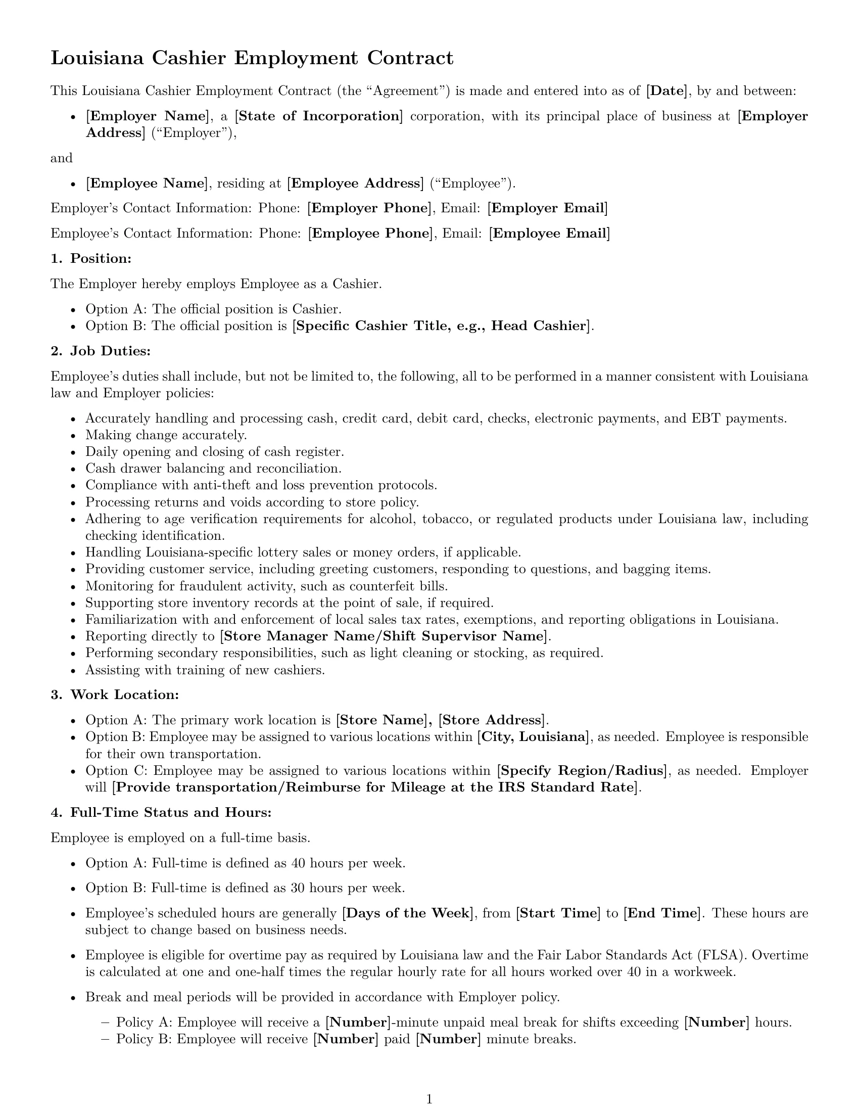 Preview page 1 of Free Louisiana cashier employment contract template