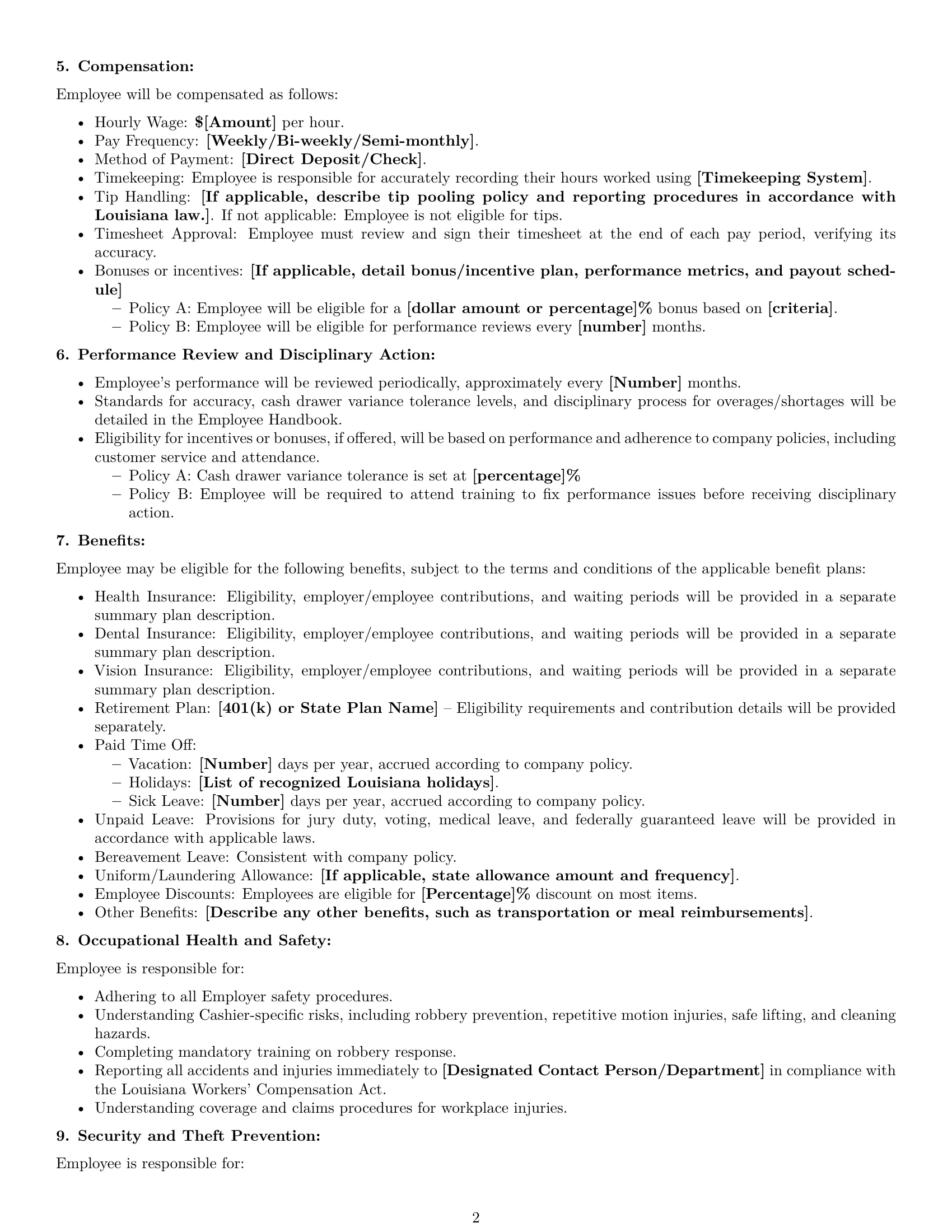Preview page 2 of Free Louisiana cashier employment contract template