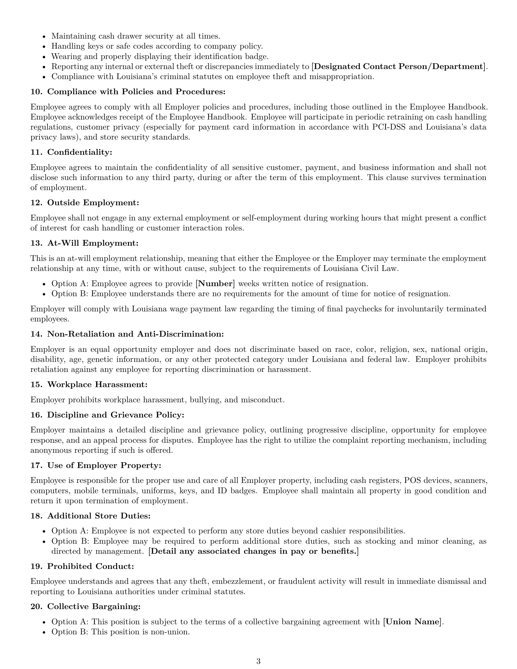 Preview page 3 of Free Louisiana cashier employment contract template