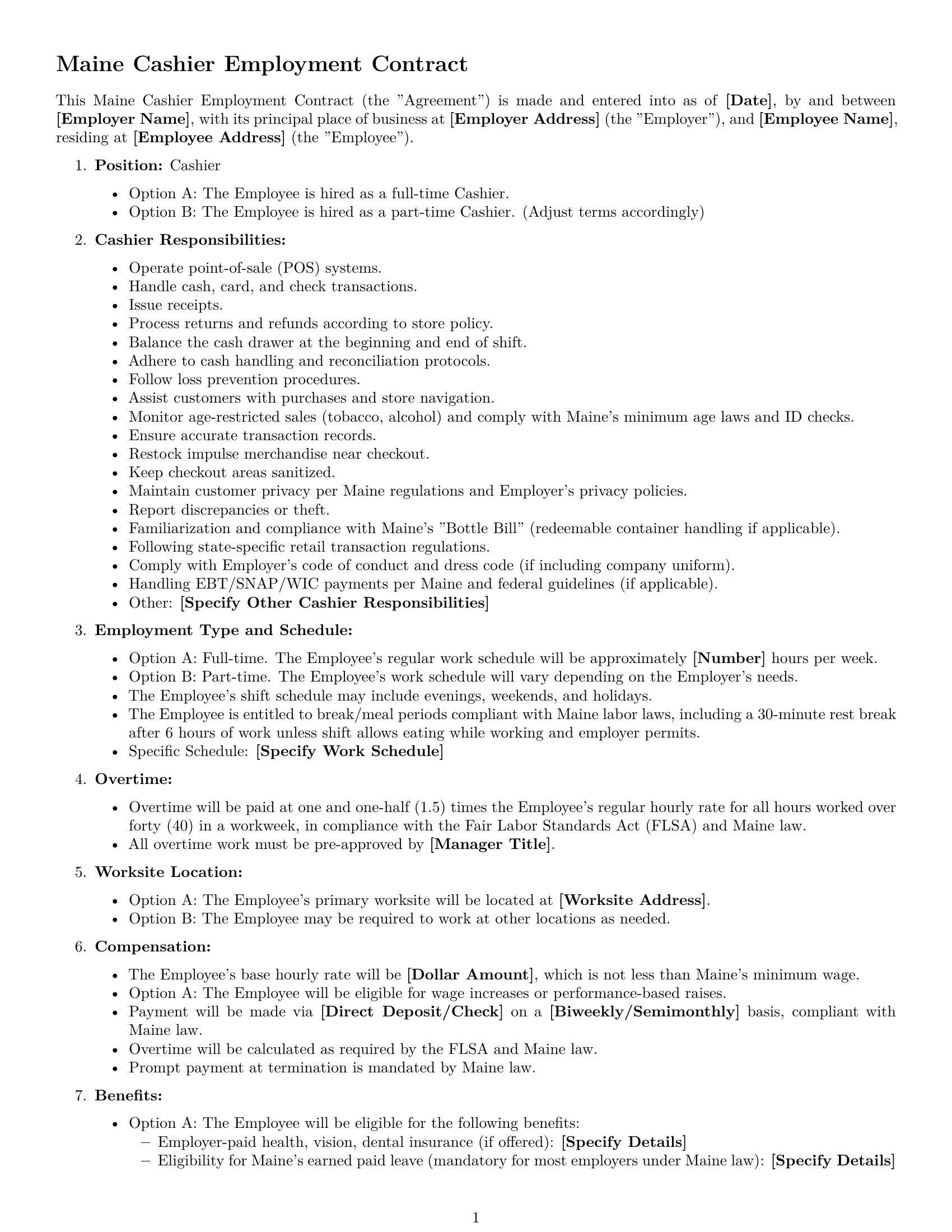 Preview page 1 of Free Maine cashier employment contract template