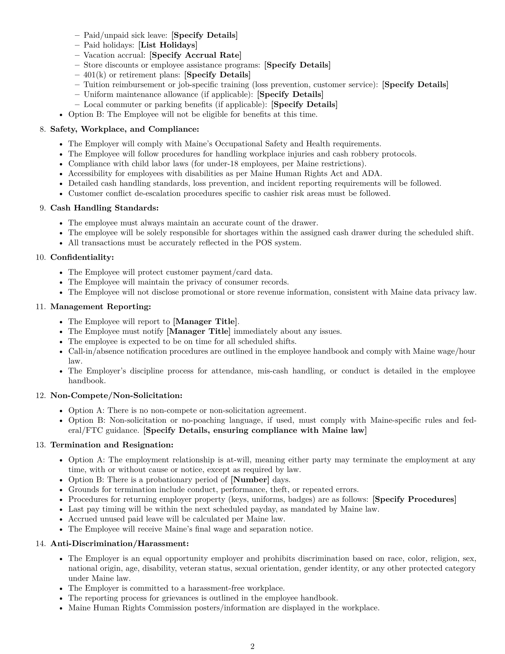 Preview page 2 of Free Maine cashier employment contract template
