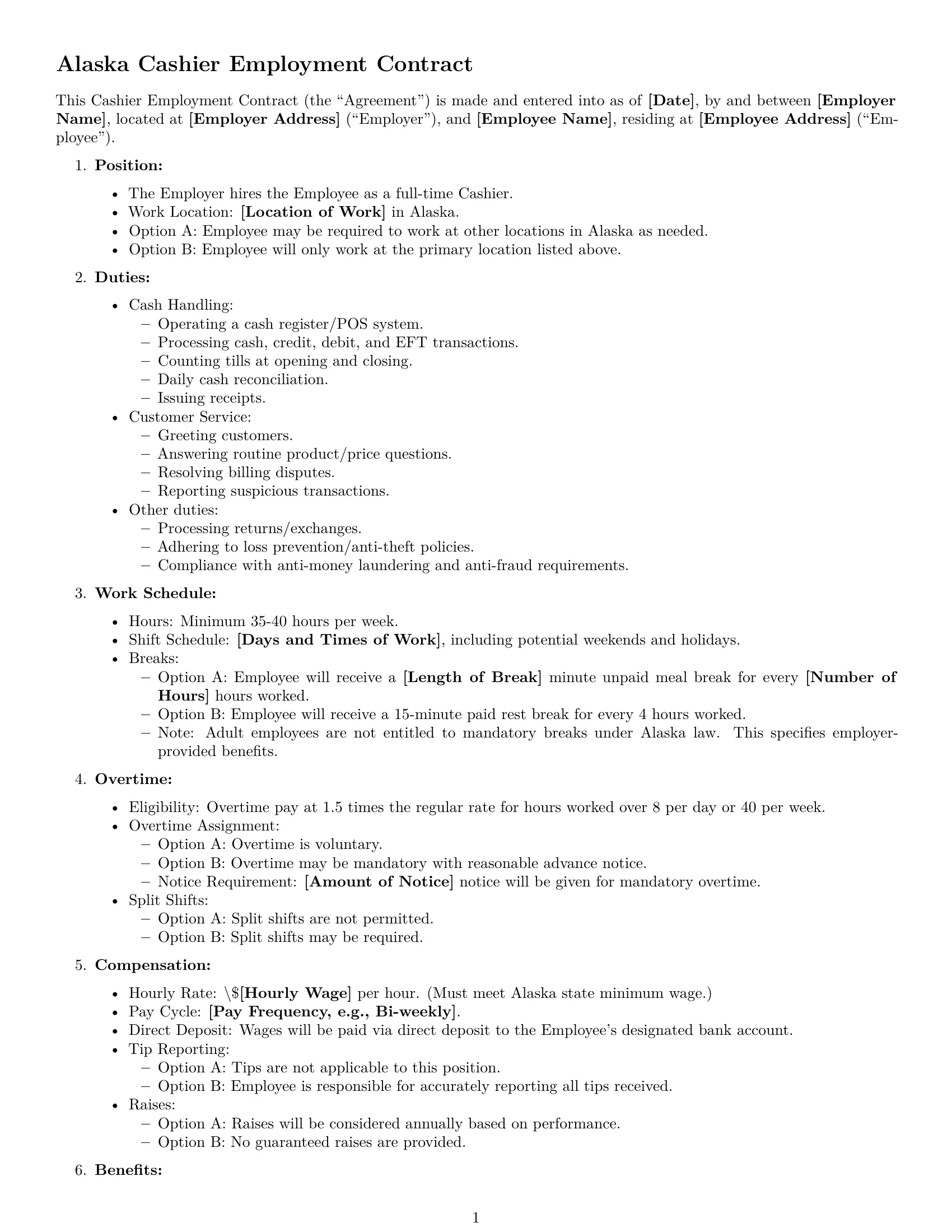 Preview page 1 of Free Alaska cashier employment contract template