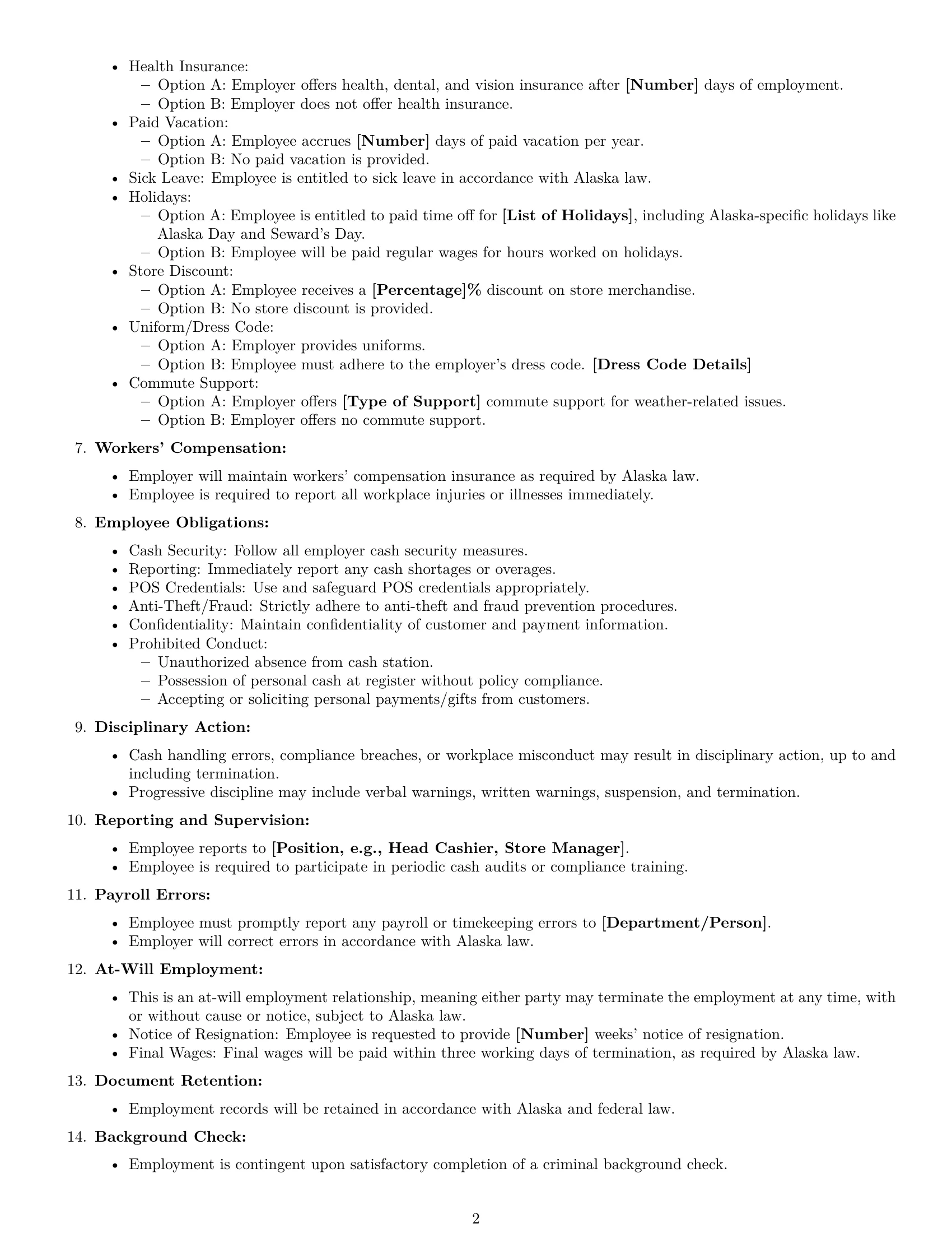Preview page 2 of Free Alaska cashier employment contract template