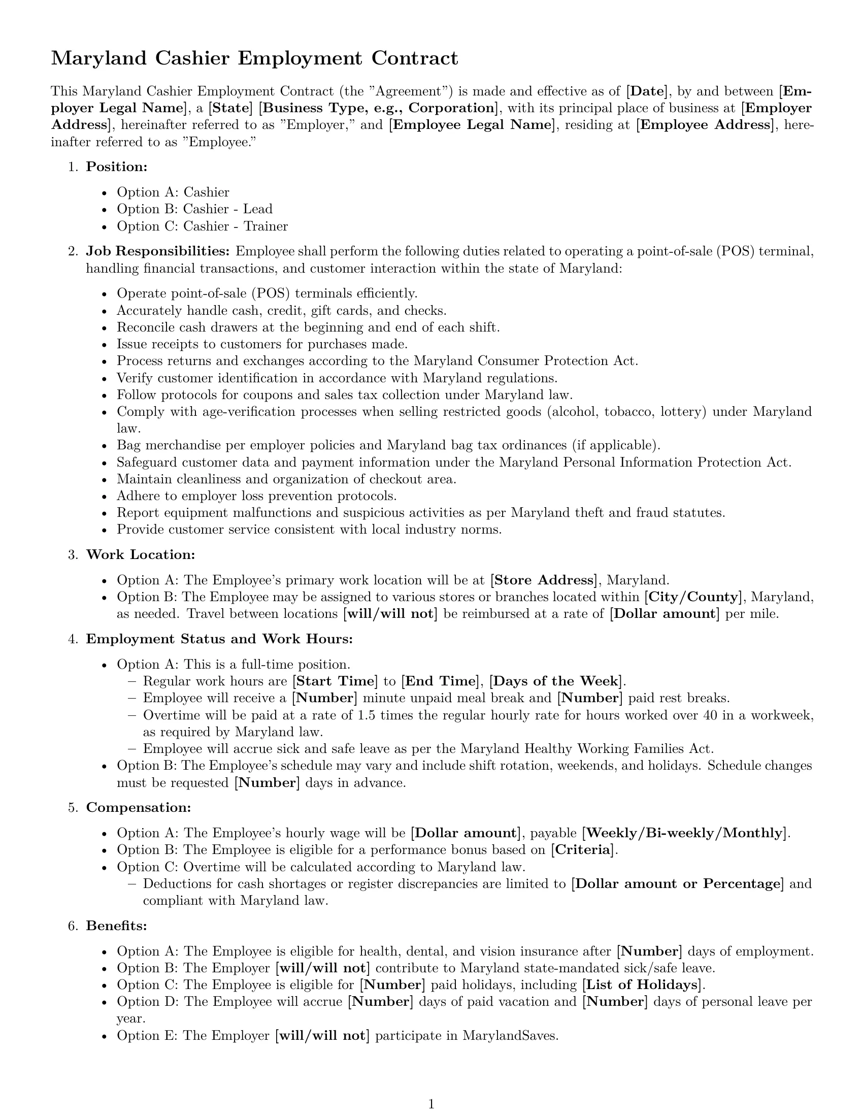 Preview page 1 of Free Maryland cashier employment contract template