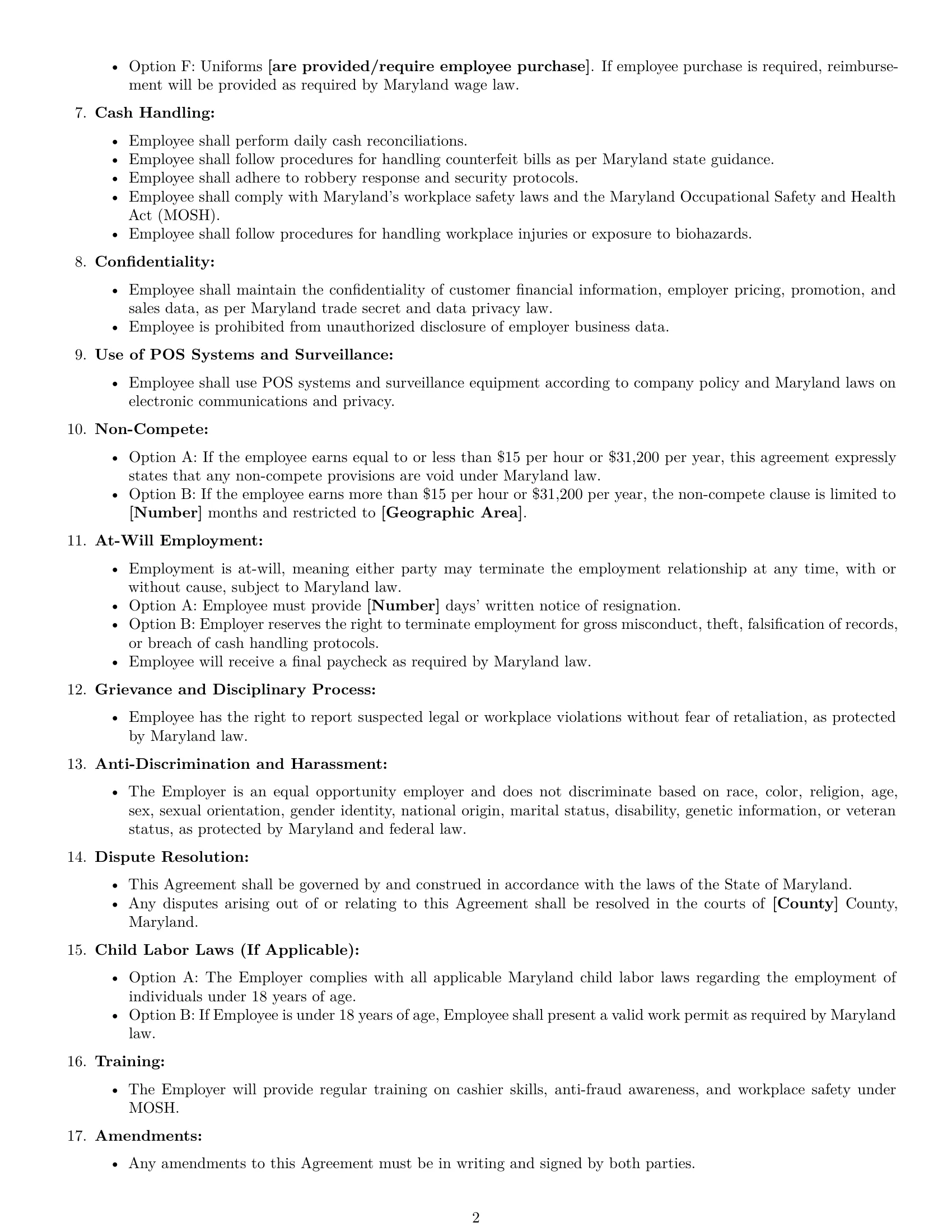 Preview page 2 of Free Maryland cashier employment contract template