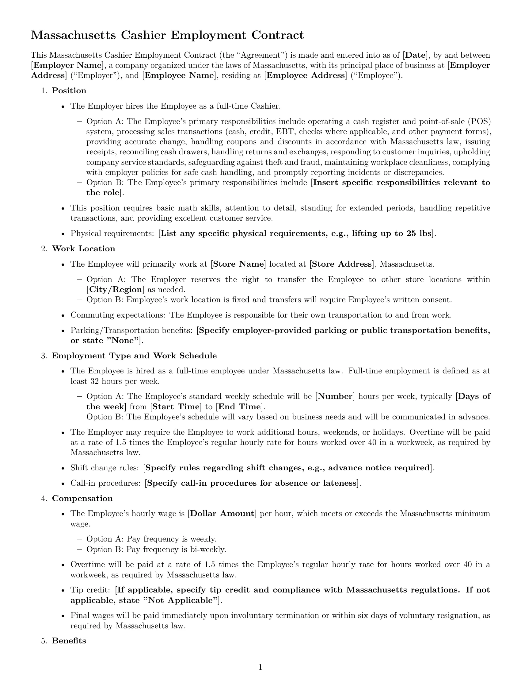 Preview page 1 of Free Massachusetts cashier employment contract template