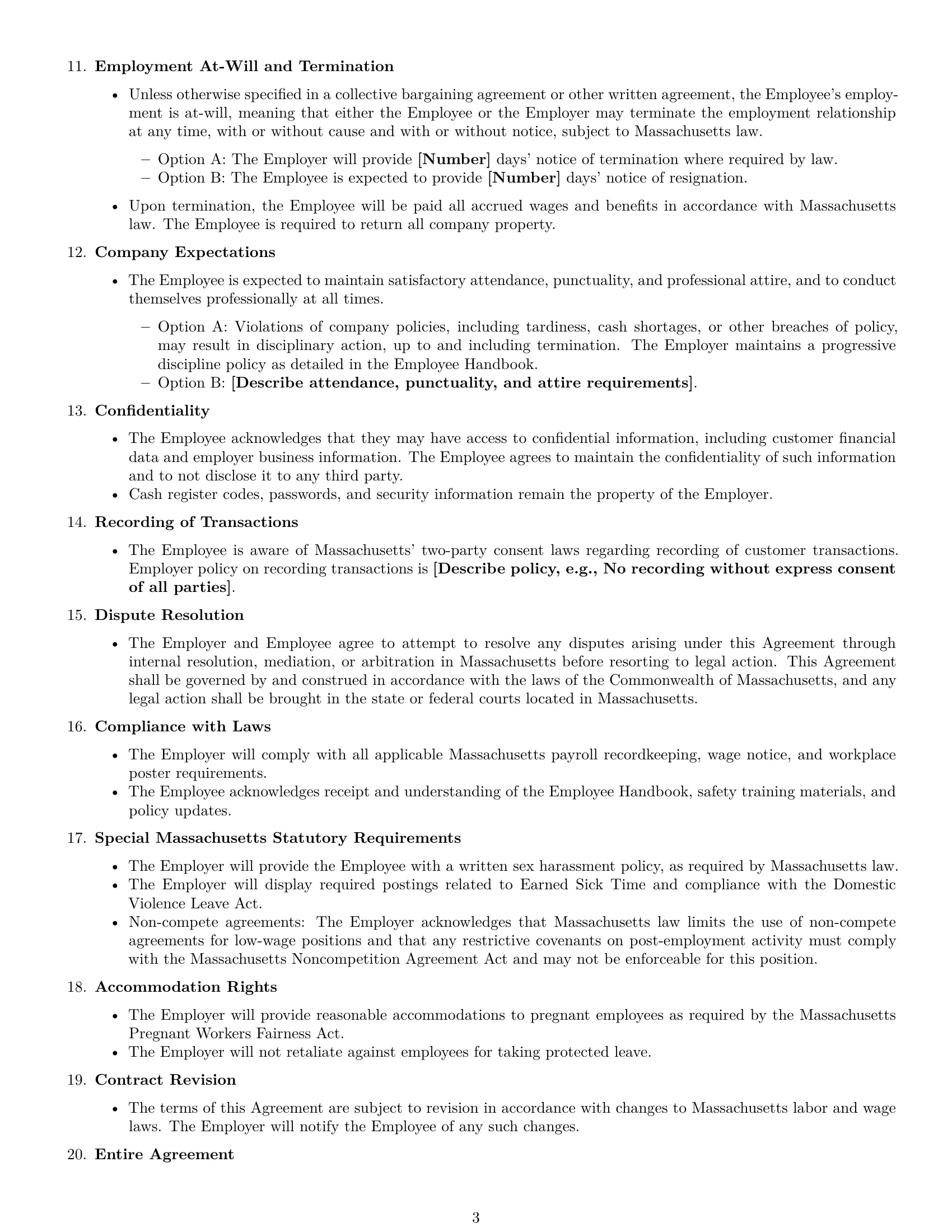 Preview page 3 of Free Massachusetts cashier employment contract template