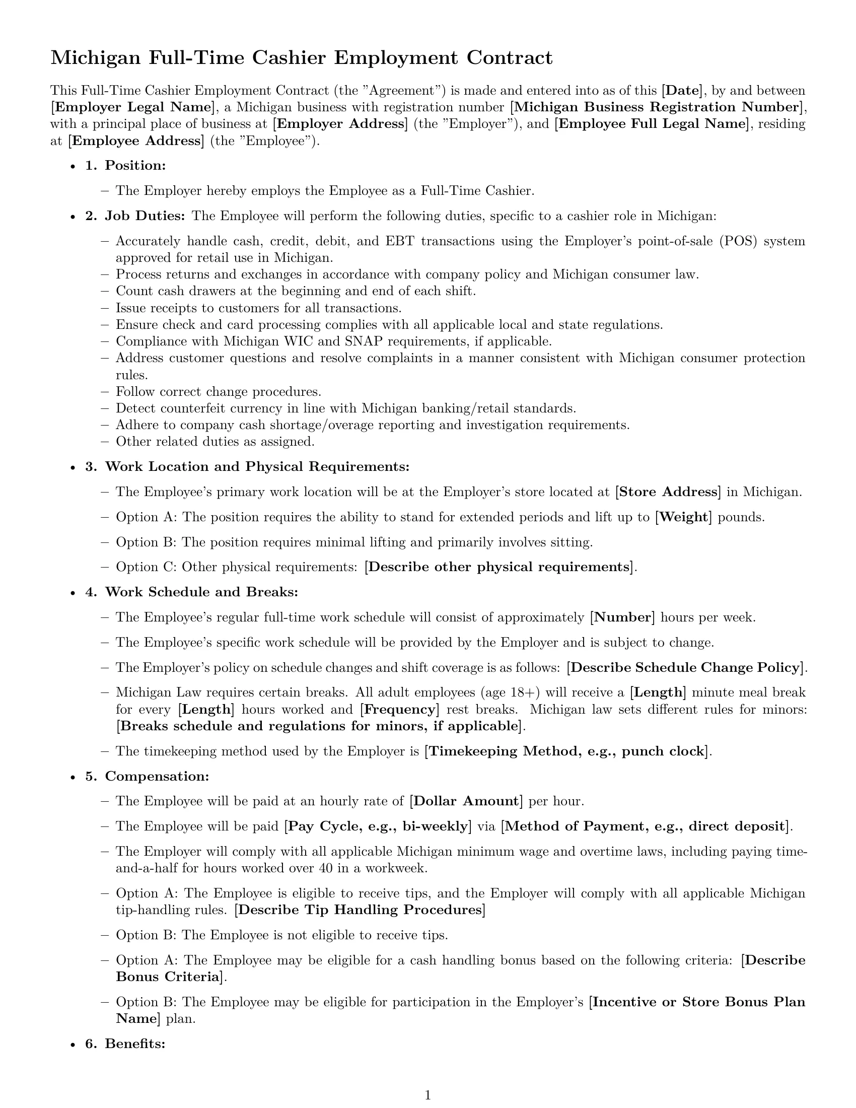 Preview page 1 of Free Michigan cashier employment contract template