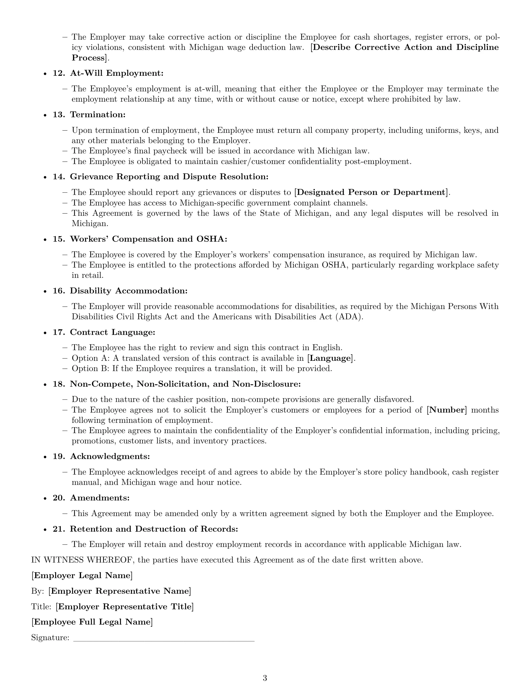 Preview page 3 of Free Michigan cashier employment contract template