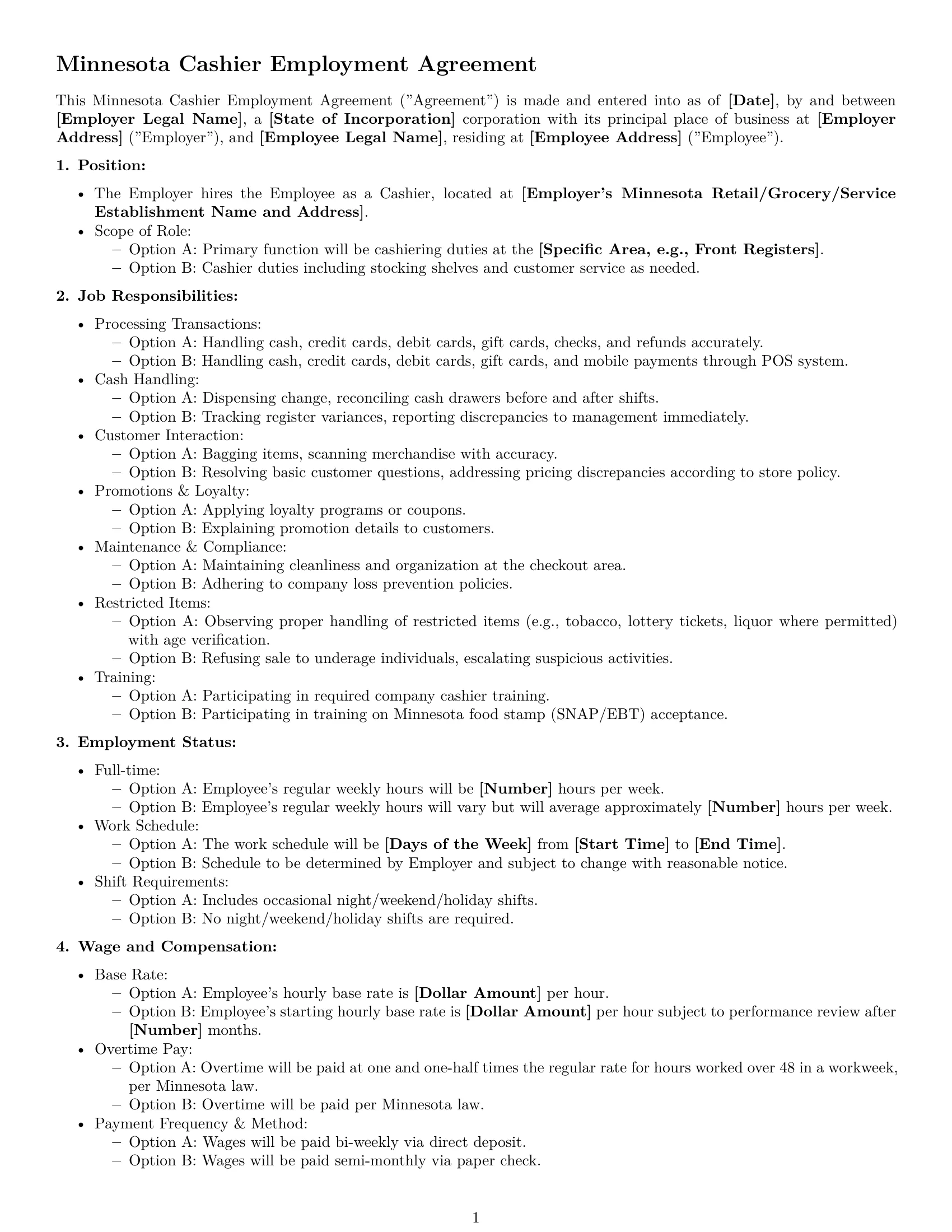 Preview page 1 of Free Minnesota cashier employment contract template