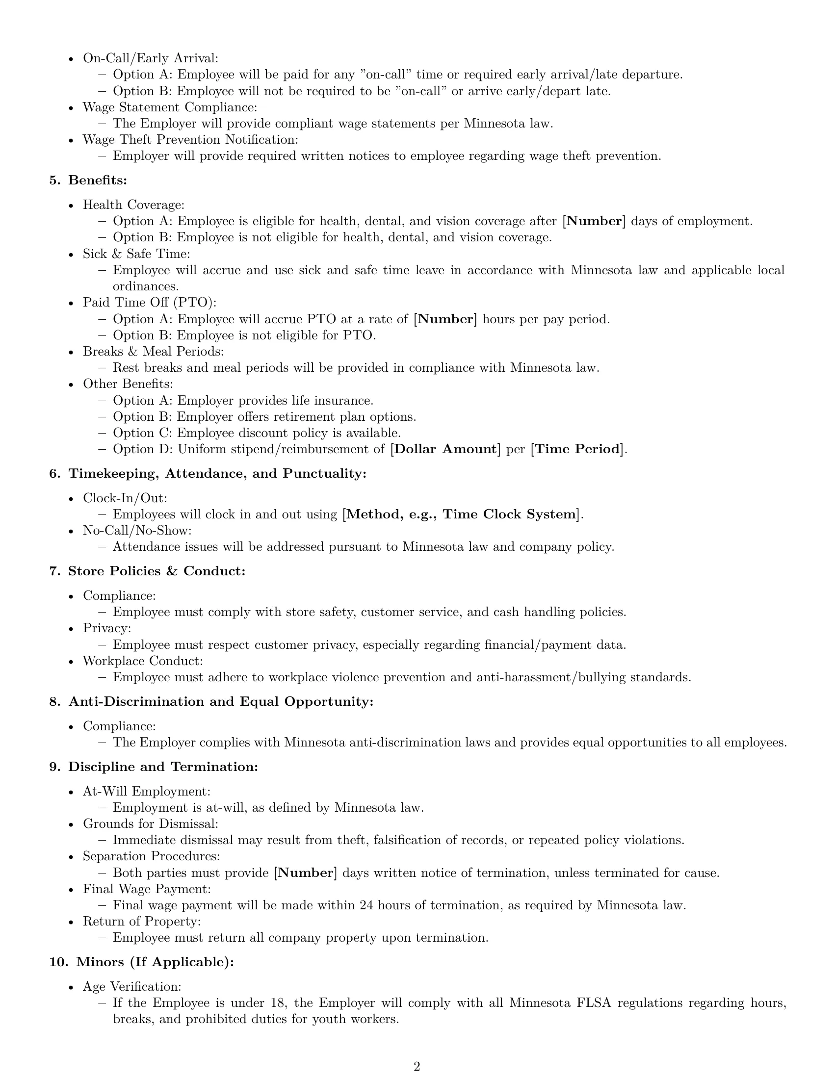 Preview page 2 of Free Minnesota cashier employment contract template
