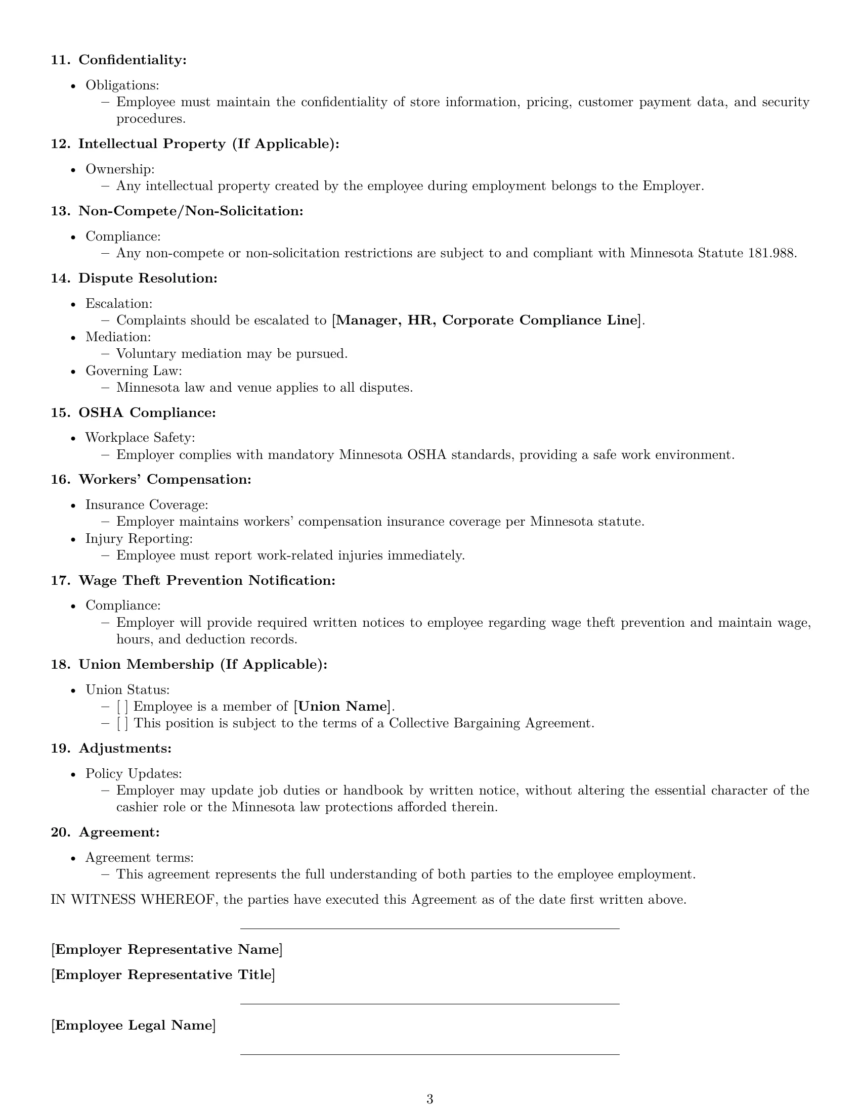 Preview page 3 of Free Minnesota cashier employment contract template