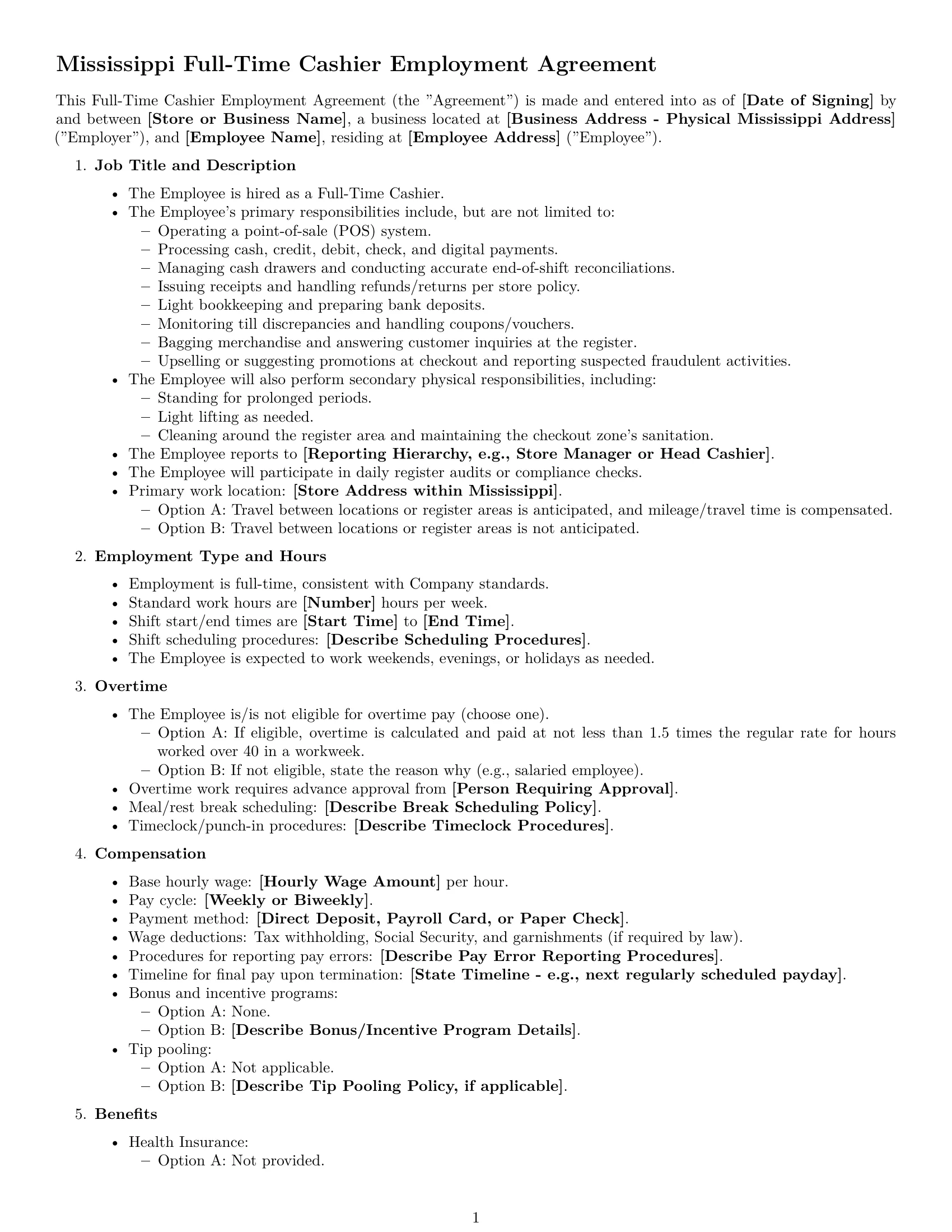 Preview page 1 of Free Mississippi cashier employment contract template