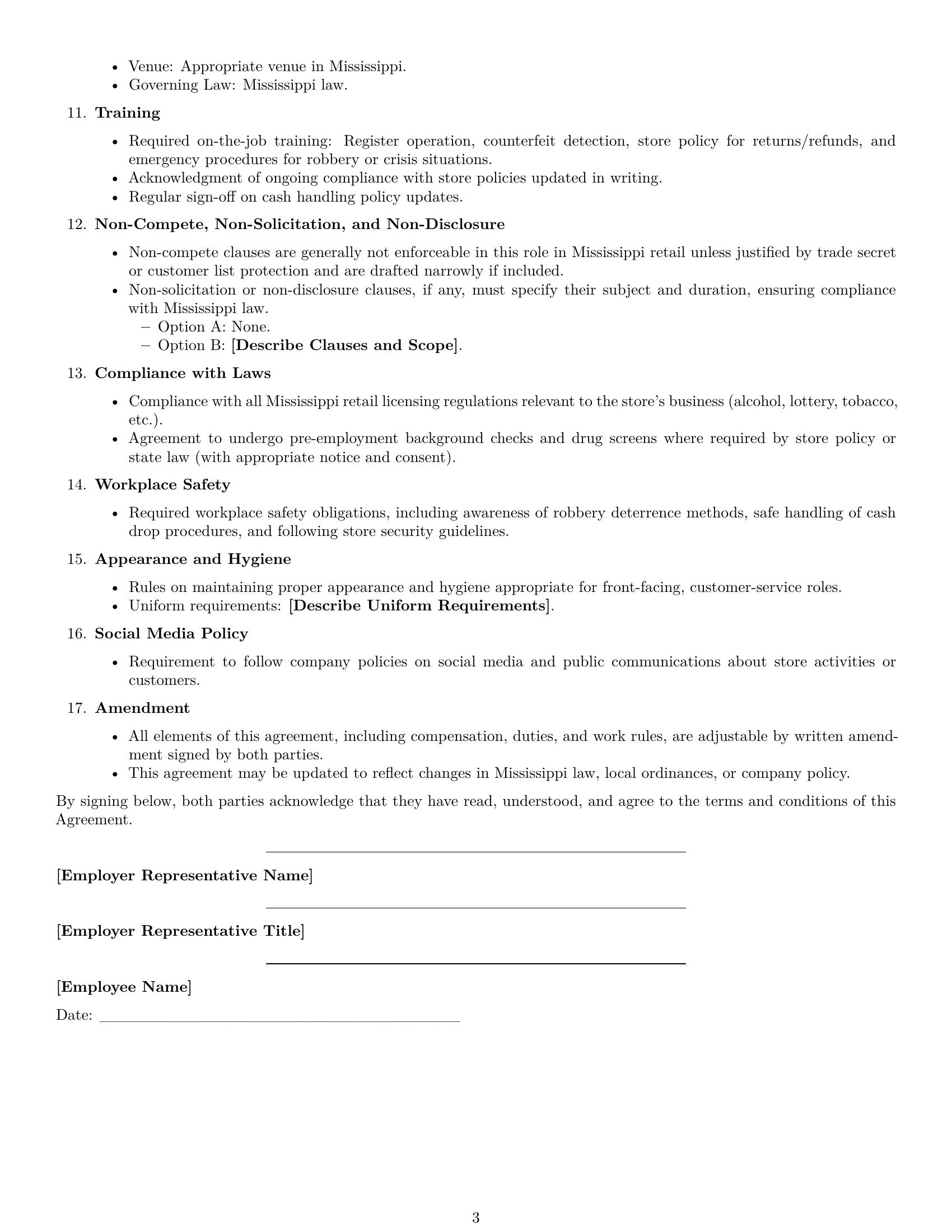 Preview page 3 of Free Mississippi cashier employment contract template