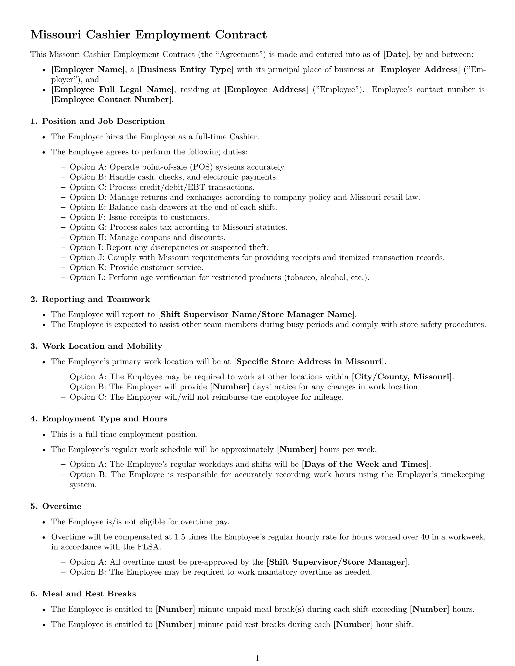 Preview page 1 of Free Missouri cashier employment contract template