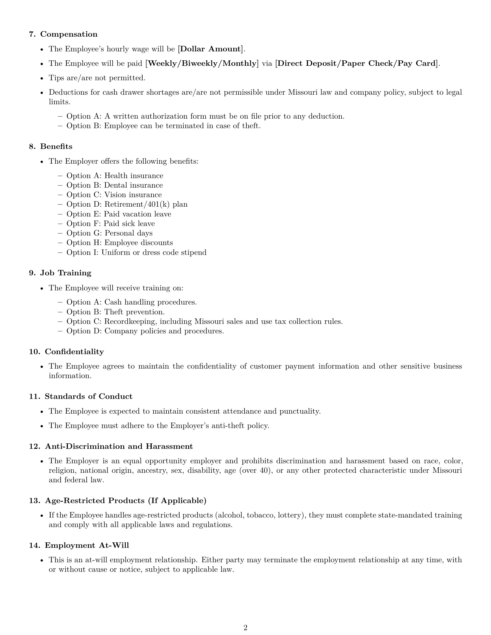 Preview page 2 of Free Missouri cashier employment contract template