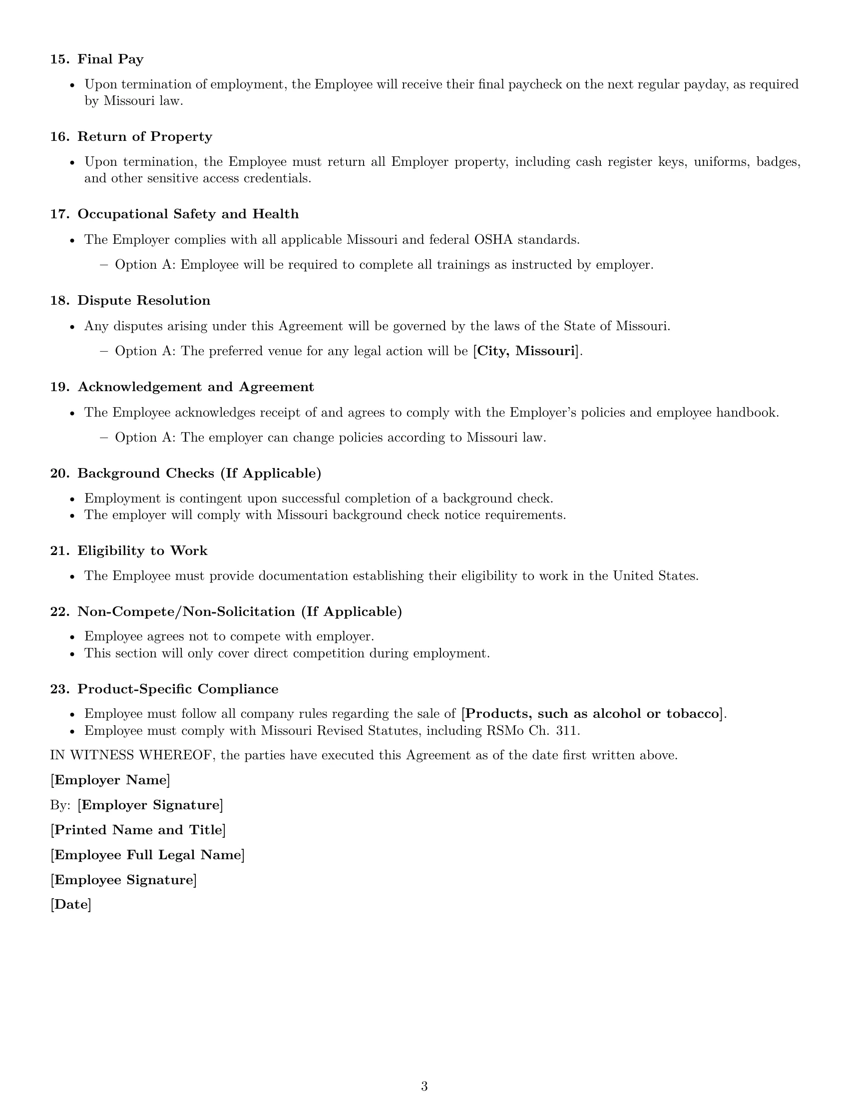 Preview page 3 of Free Missouri cashier employment contract template