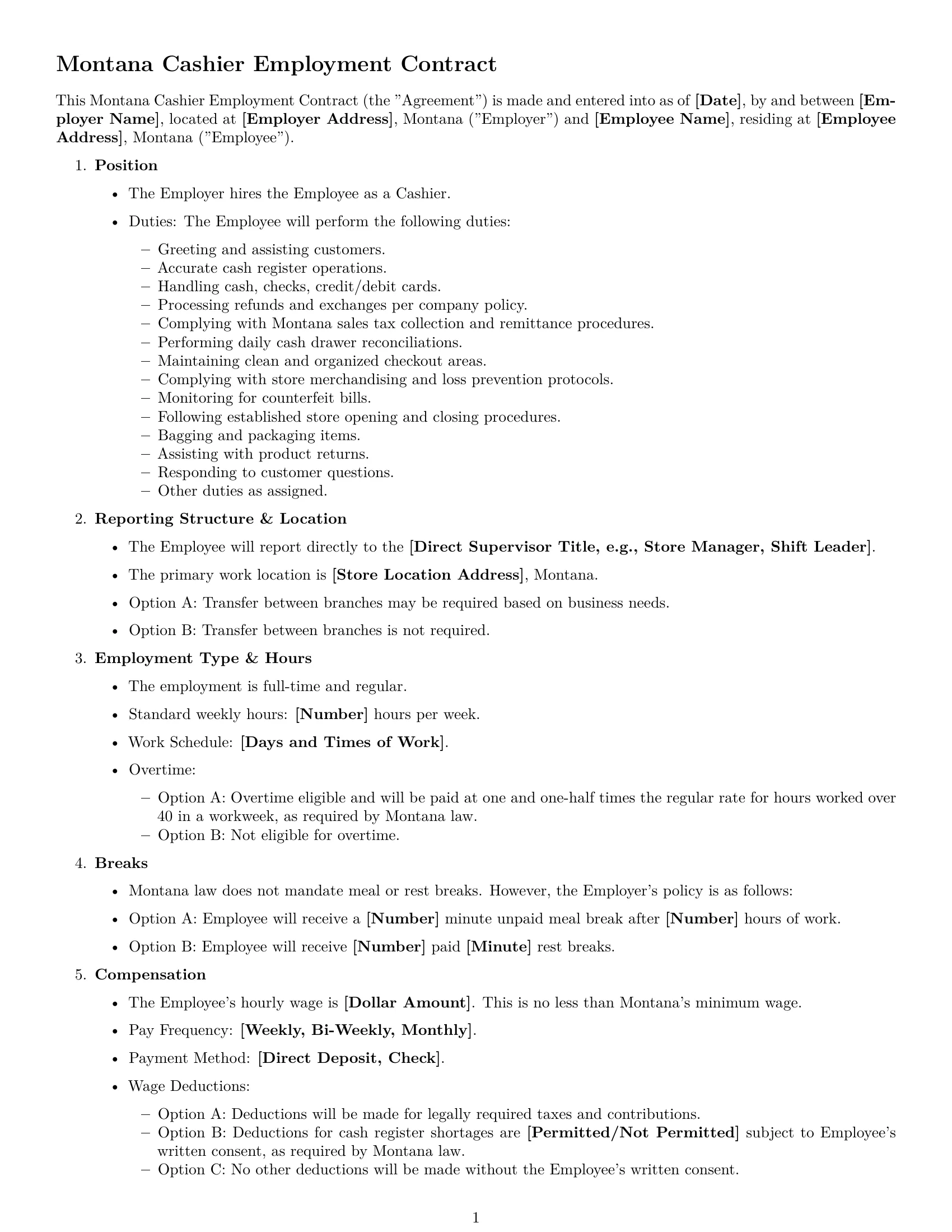 Preview page 1 of Free Montana cashier employment contract template