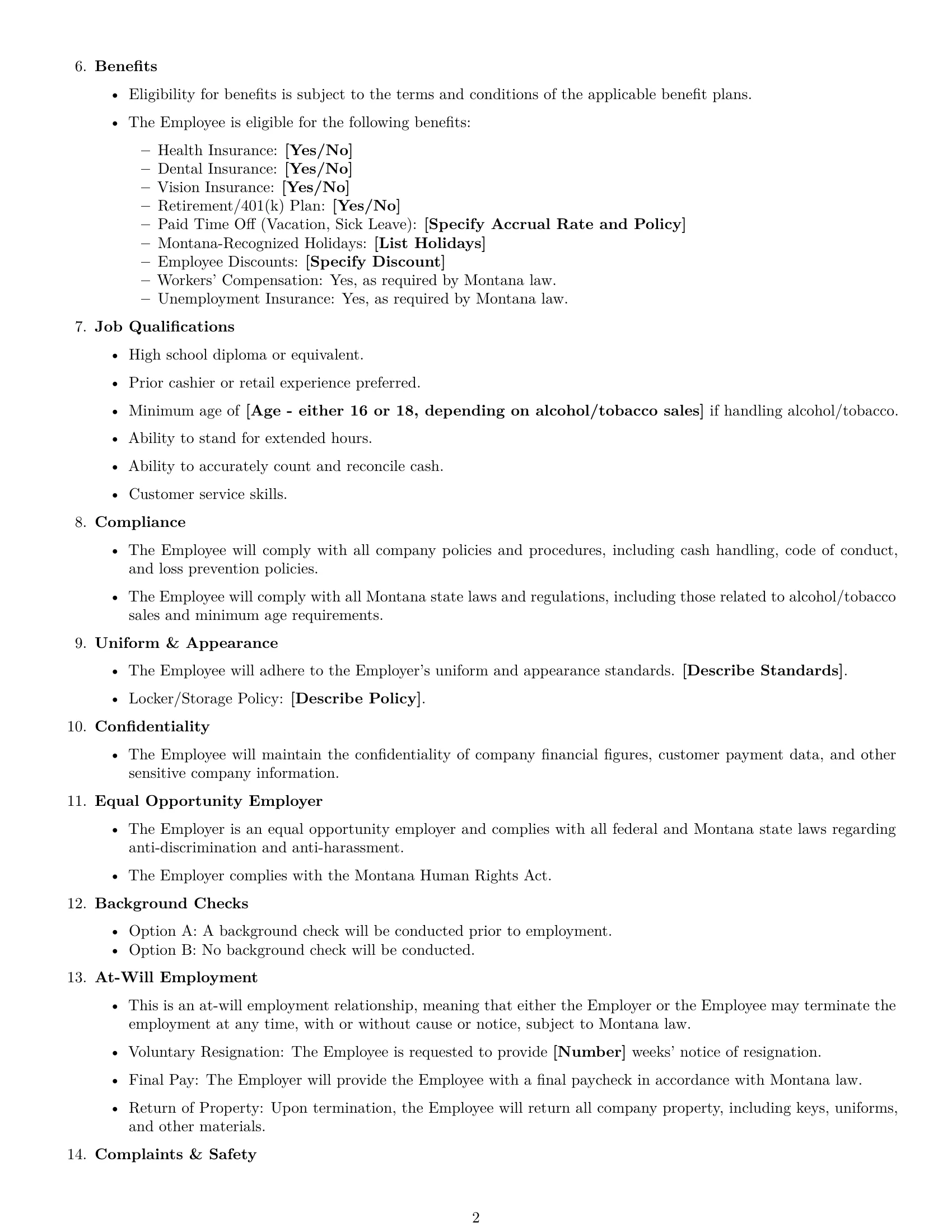 Preview page 2 of Free Montana cashier employment contract template