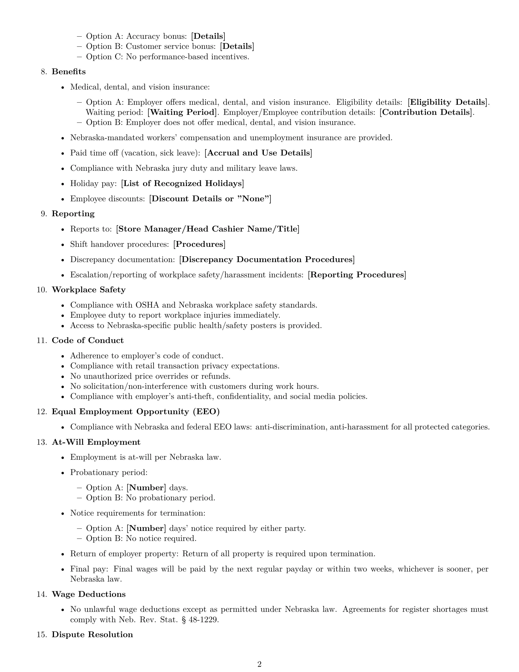 Preview page 2 of Free Nebraska cashier employment contract template