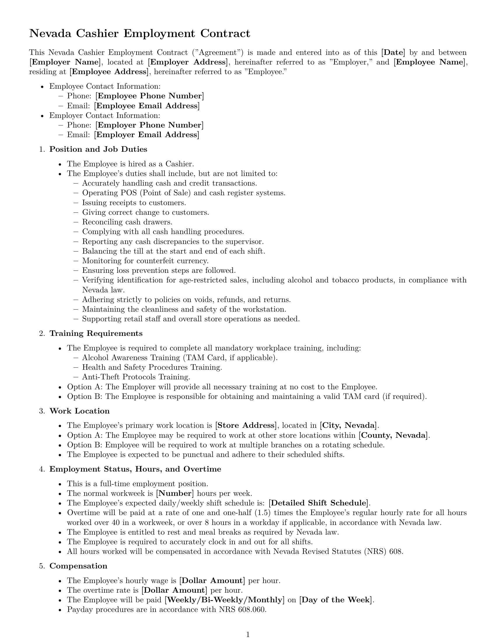 Preview page 1 of Free Nevada cashier employment contract template