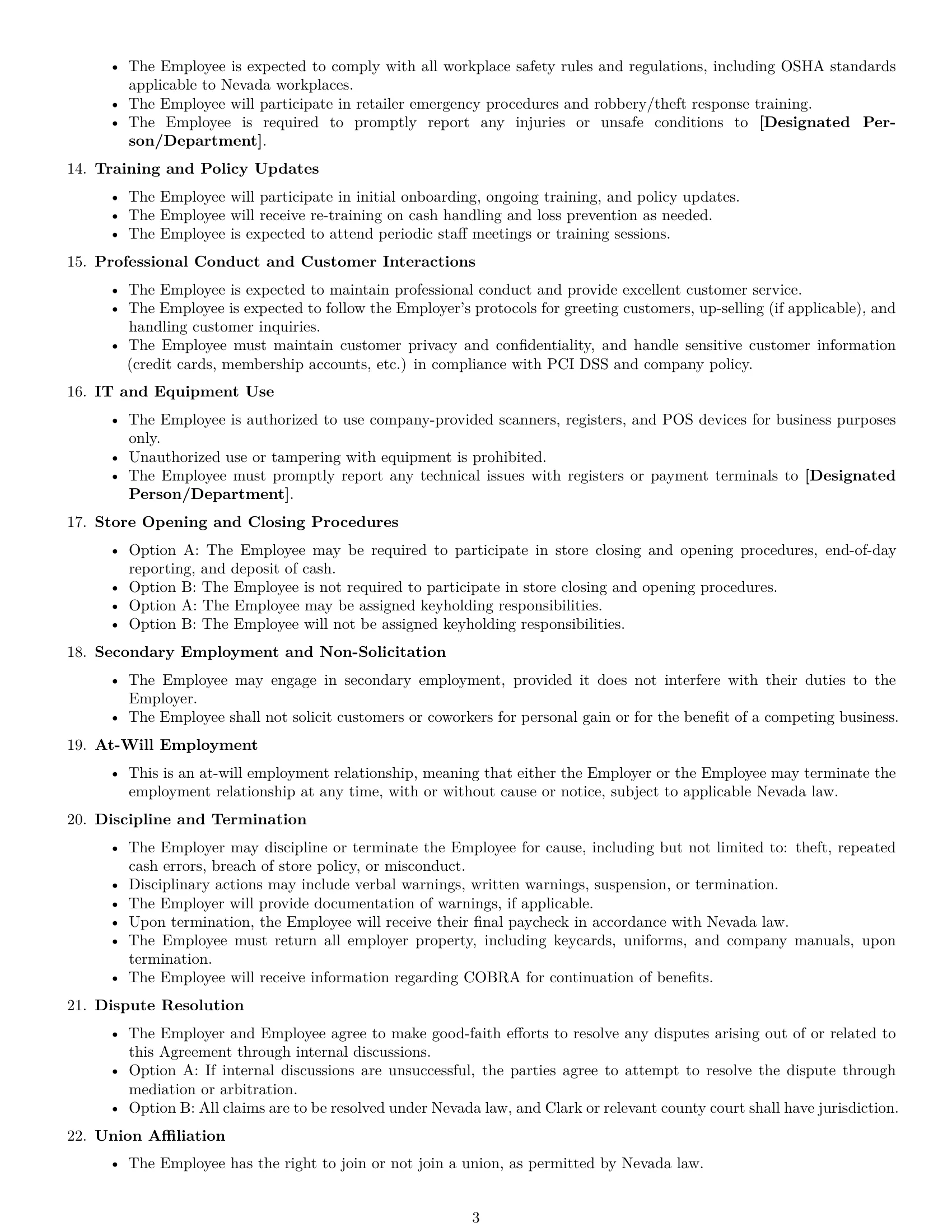 Preview page 3 of Free Nevada cashier employment contract template