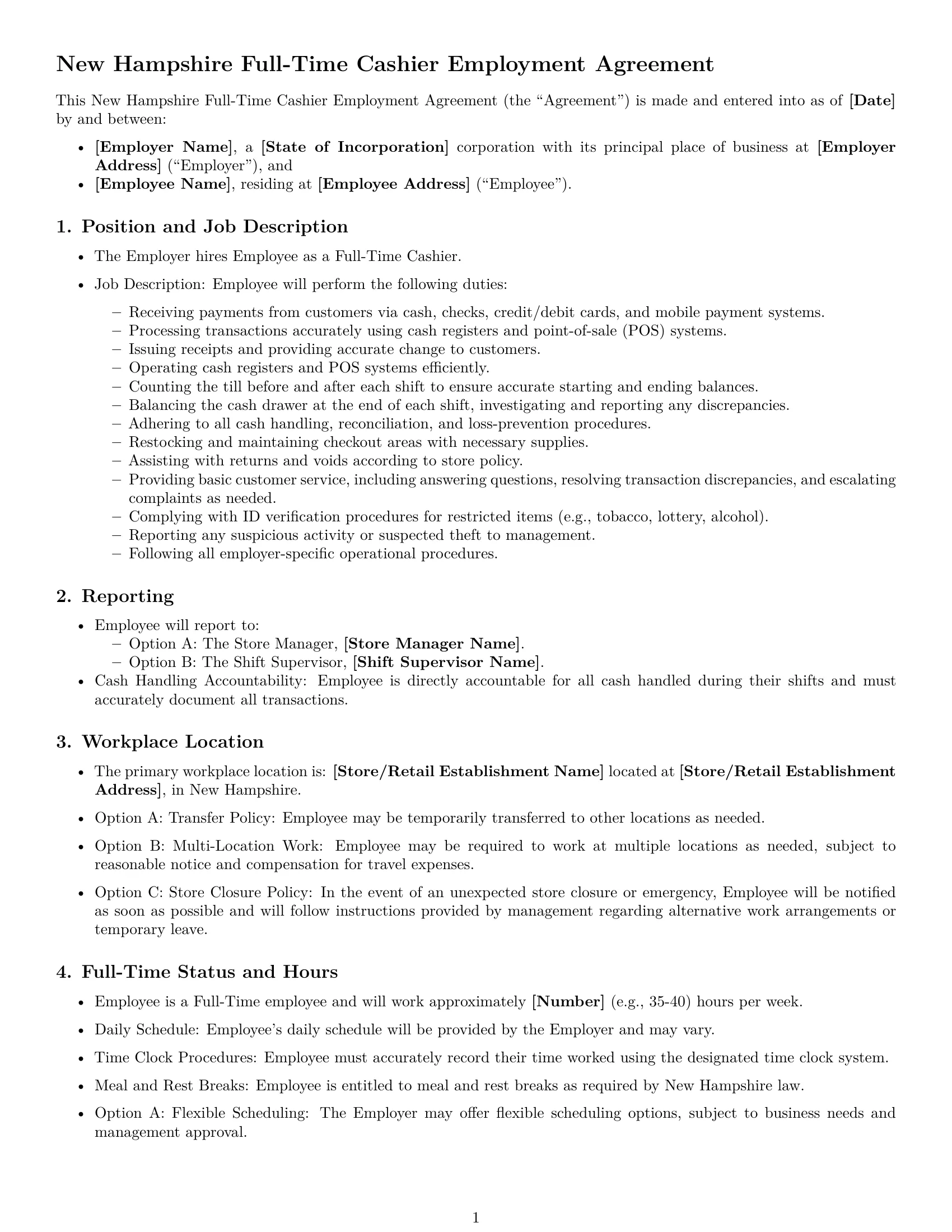 Preview page 1 of Free New Hampshire cashier employment contract template