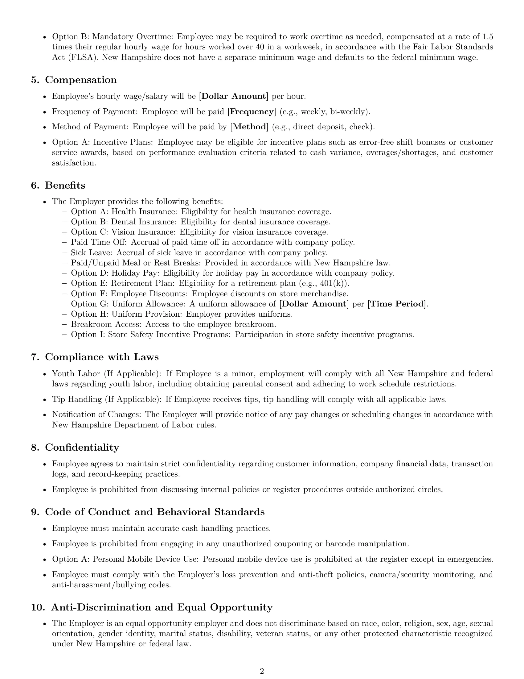 Preview page 2 of Free New Hampshire cashier employment contract template