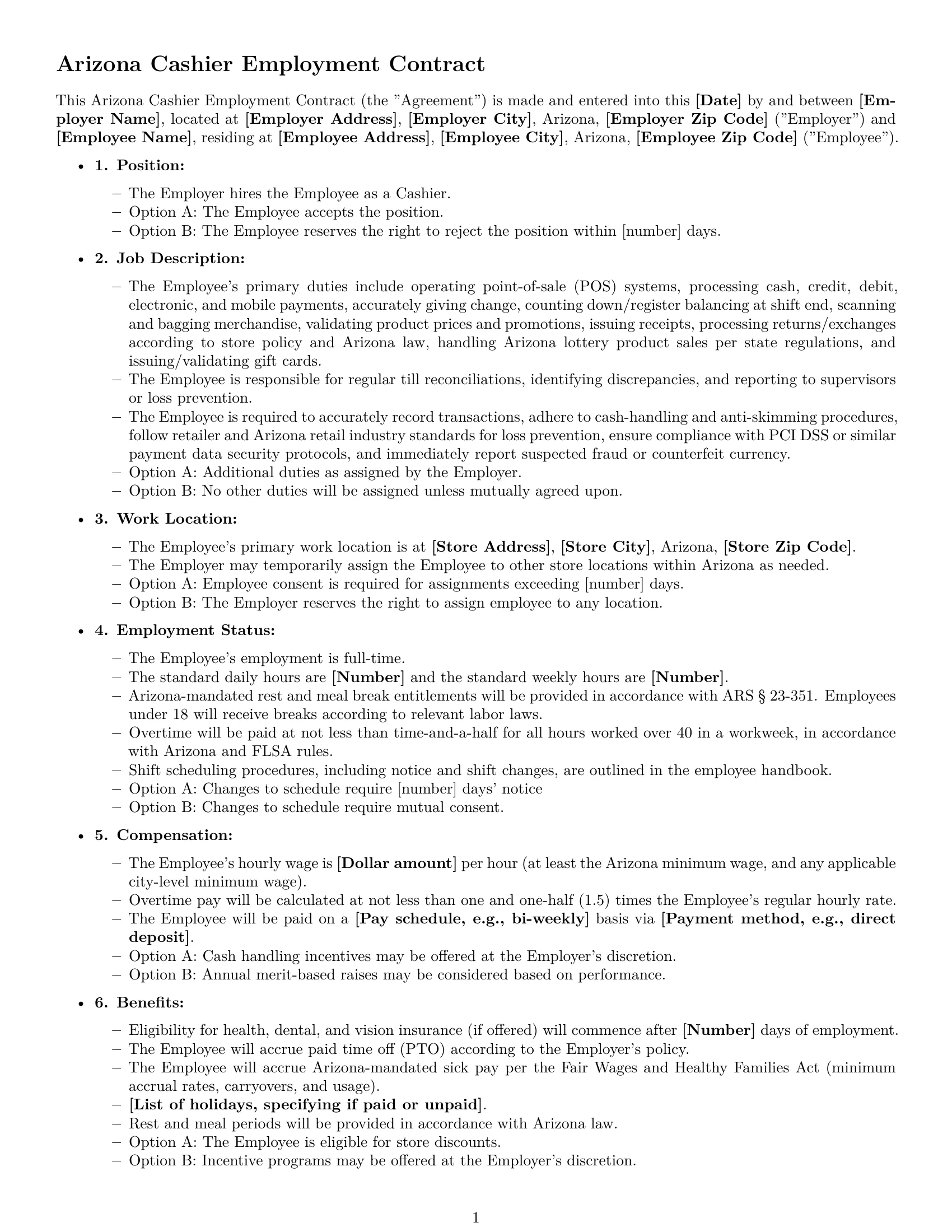 Preview page 1 of Free Arizona cashier employment contract template