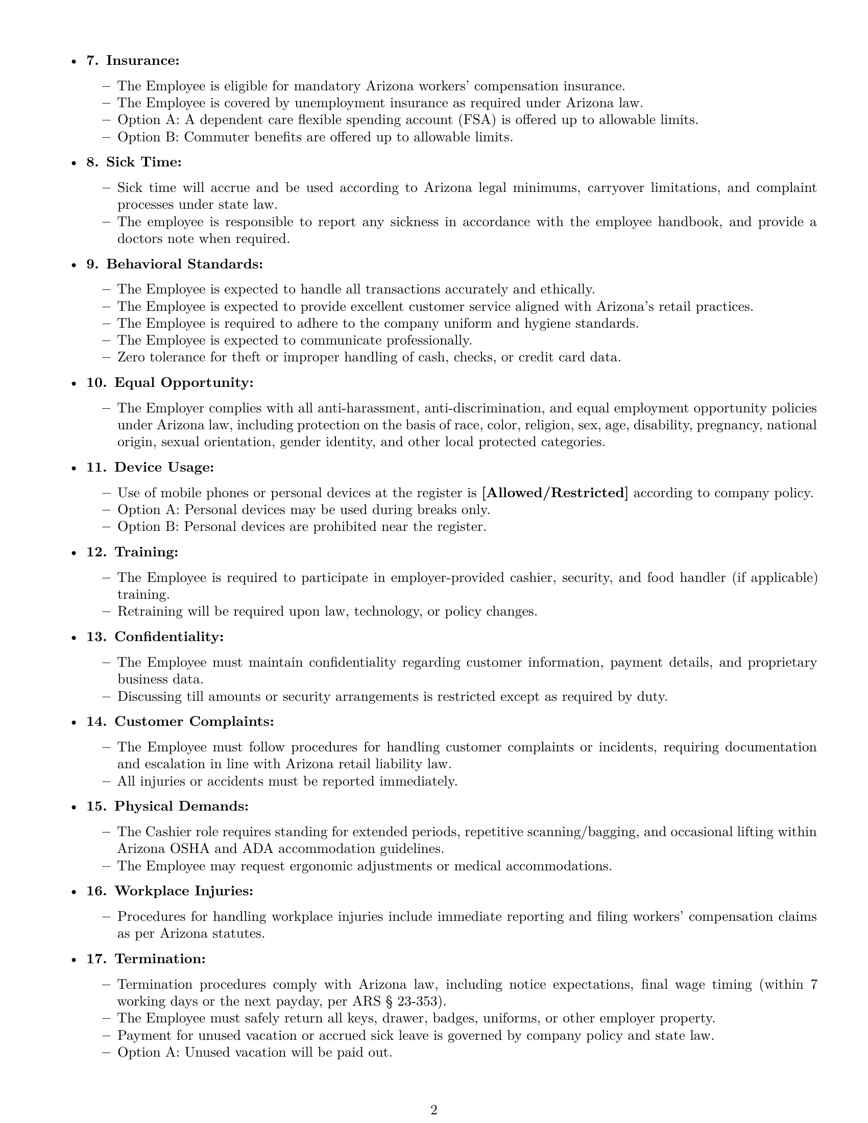 Preview page 2 of Free Arizona cashier employment contract template