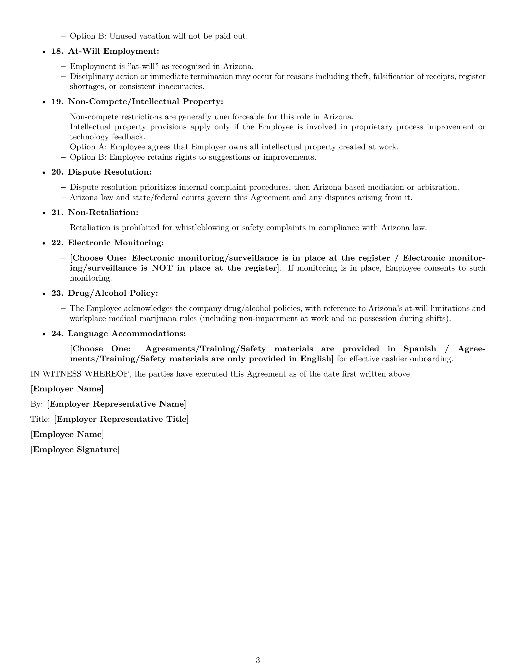 Preview page 3 of Free Arizona cashier employment contract template