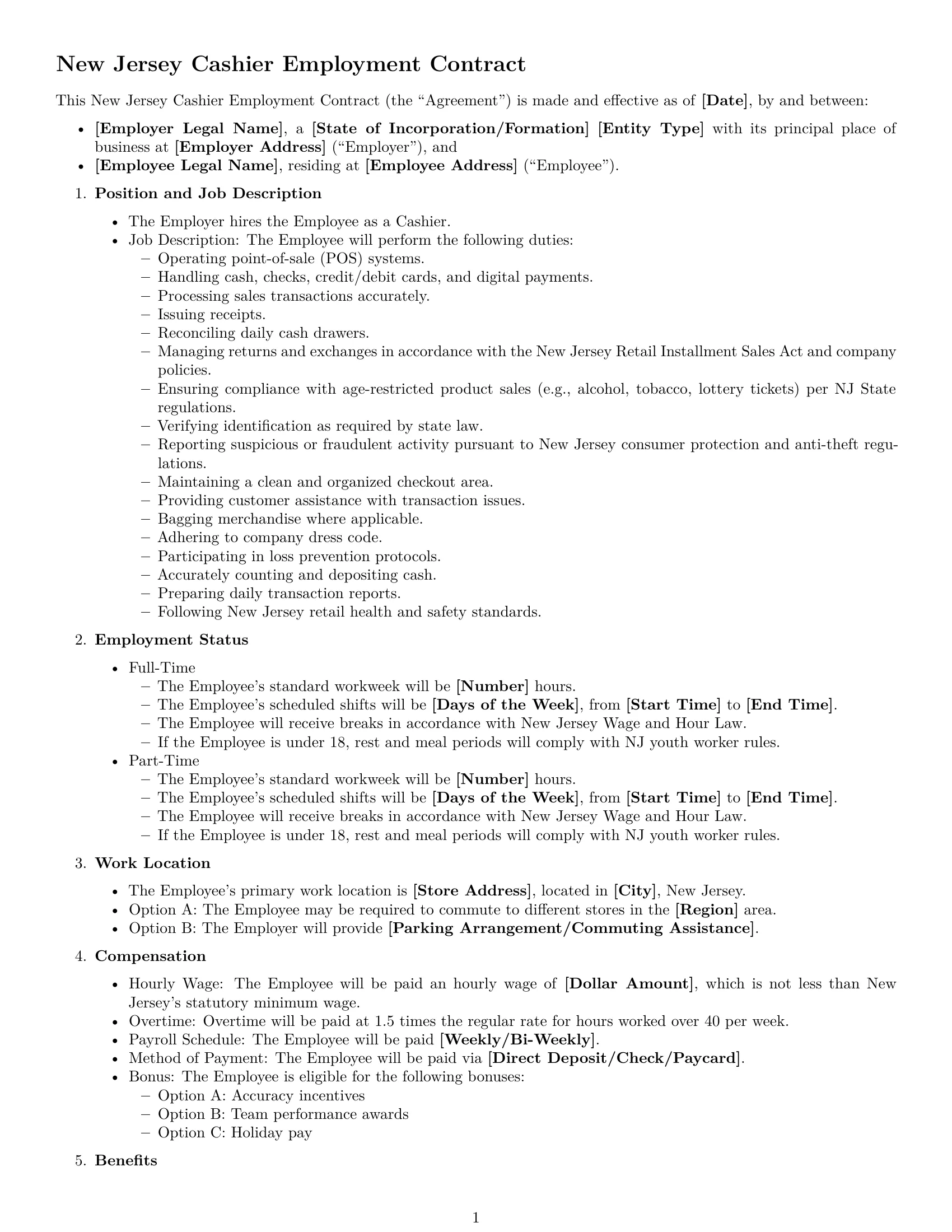 Preview page 1 of Free New Jersey cashier employment contract template