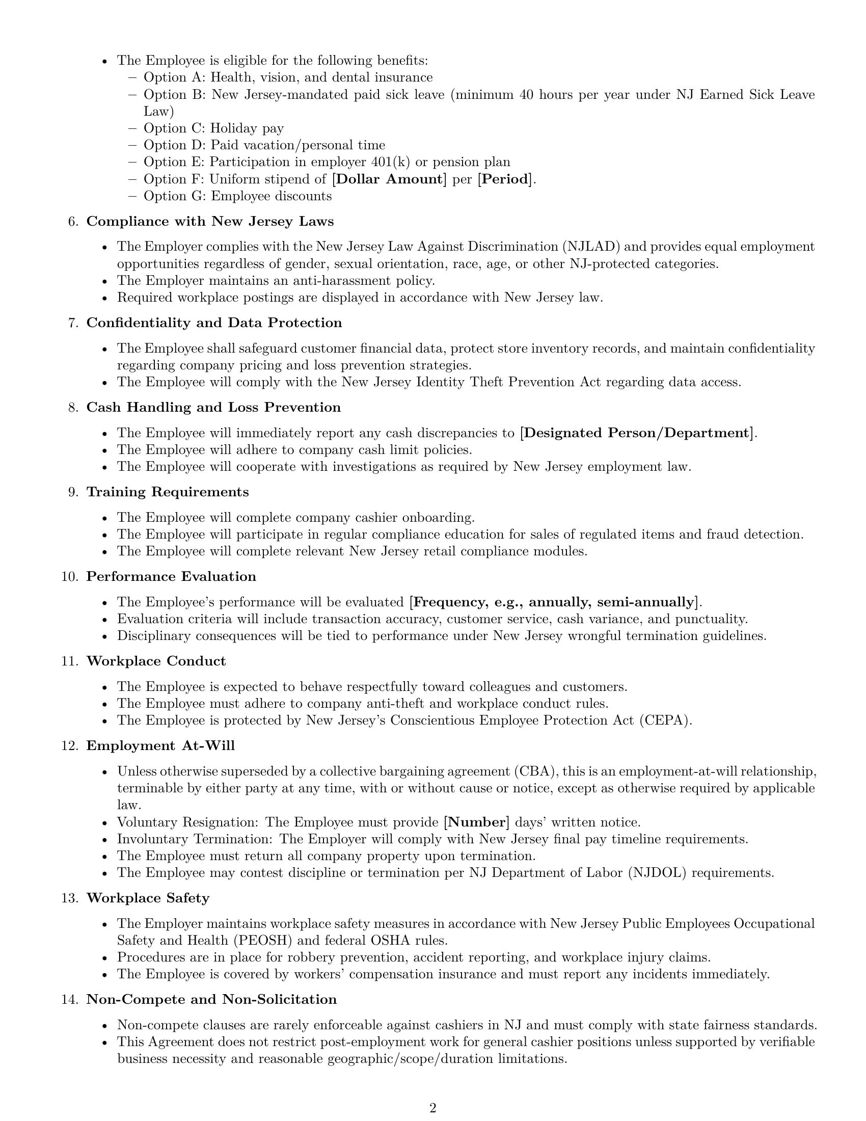 Preview page 2 of Free New Jersey cashier employment contract template